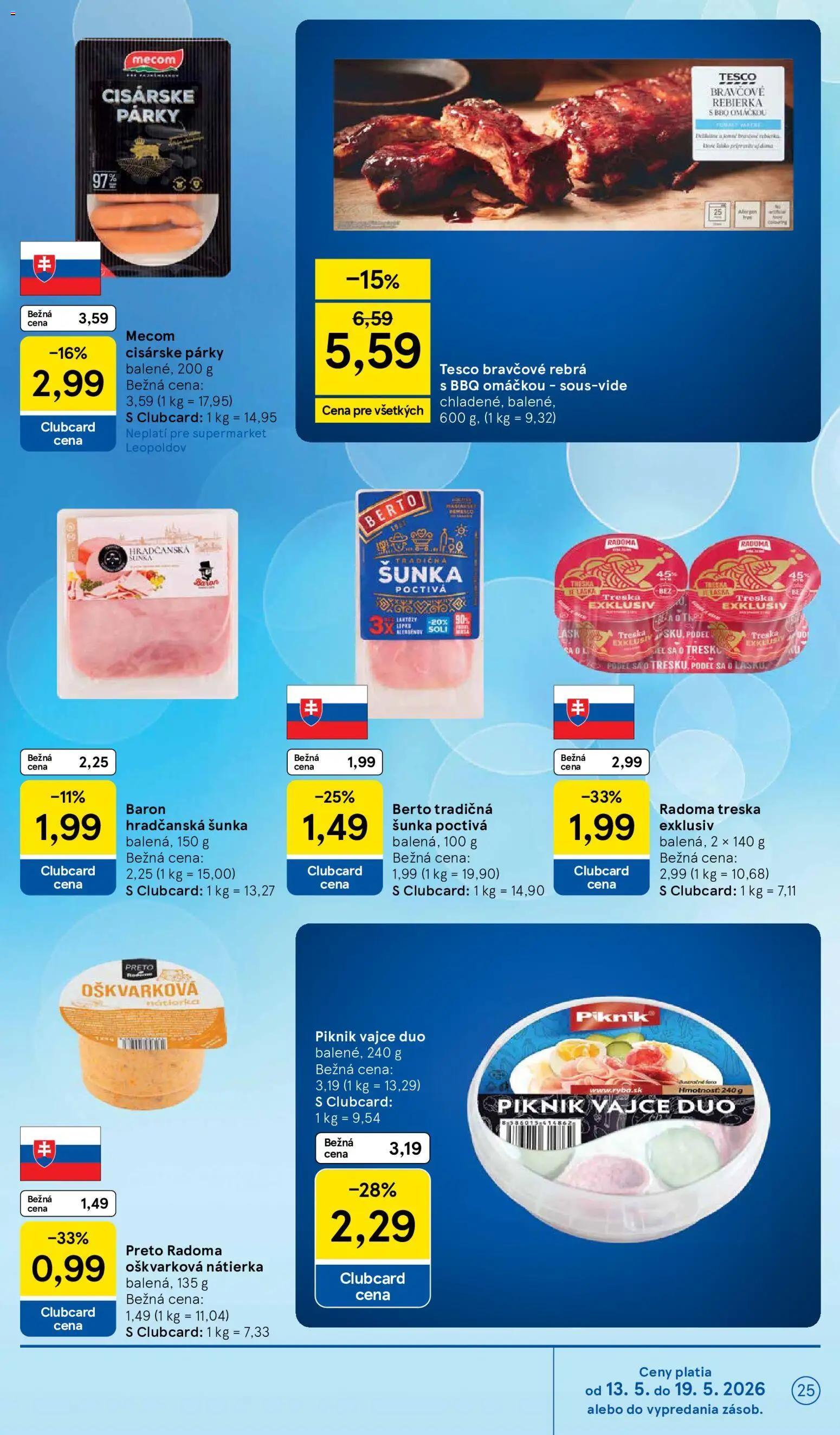 Nové Tesco akcie – leták je platný od 13.05.2026 | Strana: 25 | Produkty: Šunka, Párky, Treska