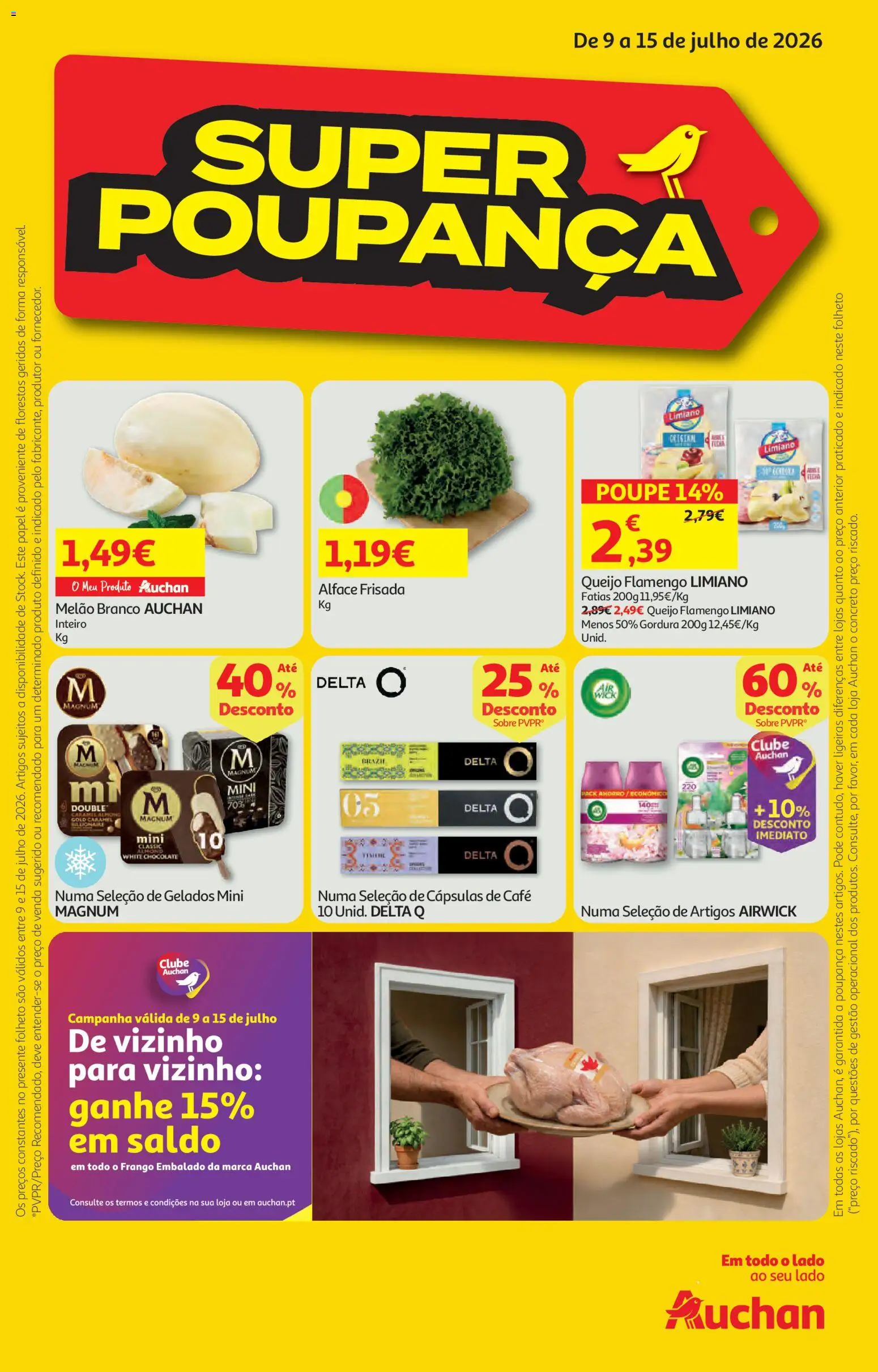 Auchan folheto │ válido de 09/07/2026 | Página: 1 | Produtos: Frango, Delta q, Queijo, Alface