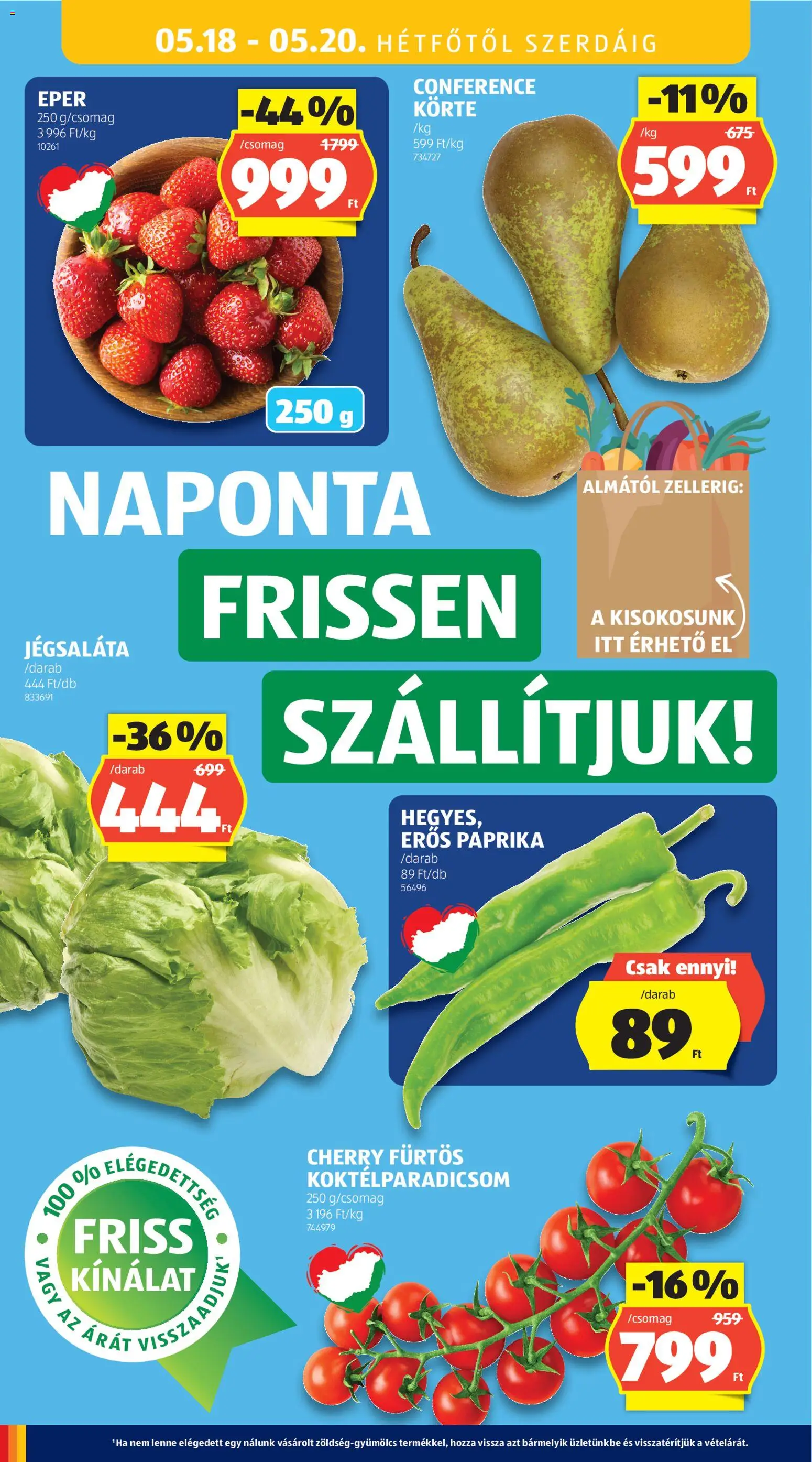 Aldi akciós ujság - amely érvényes a következő dátumtól: 14.05.2026 | Oldal: 30 | Termékek: Körte, Jégsaláta, Koktélparadicsom, Eper