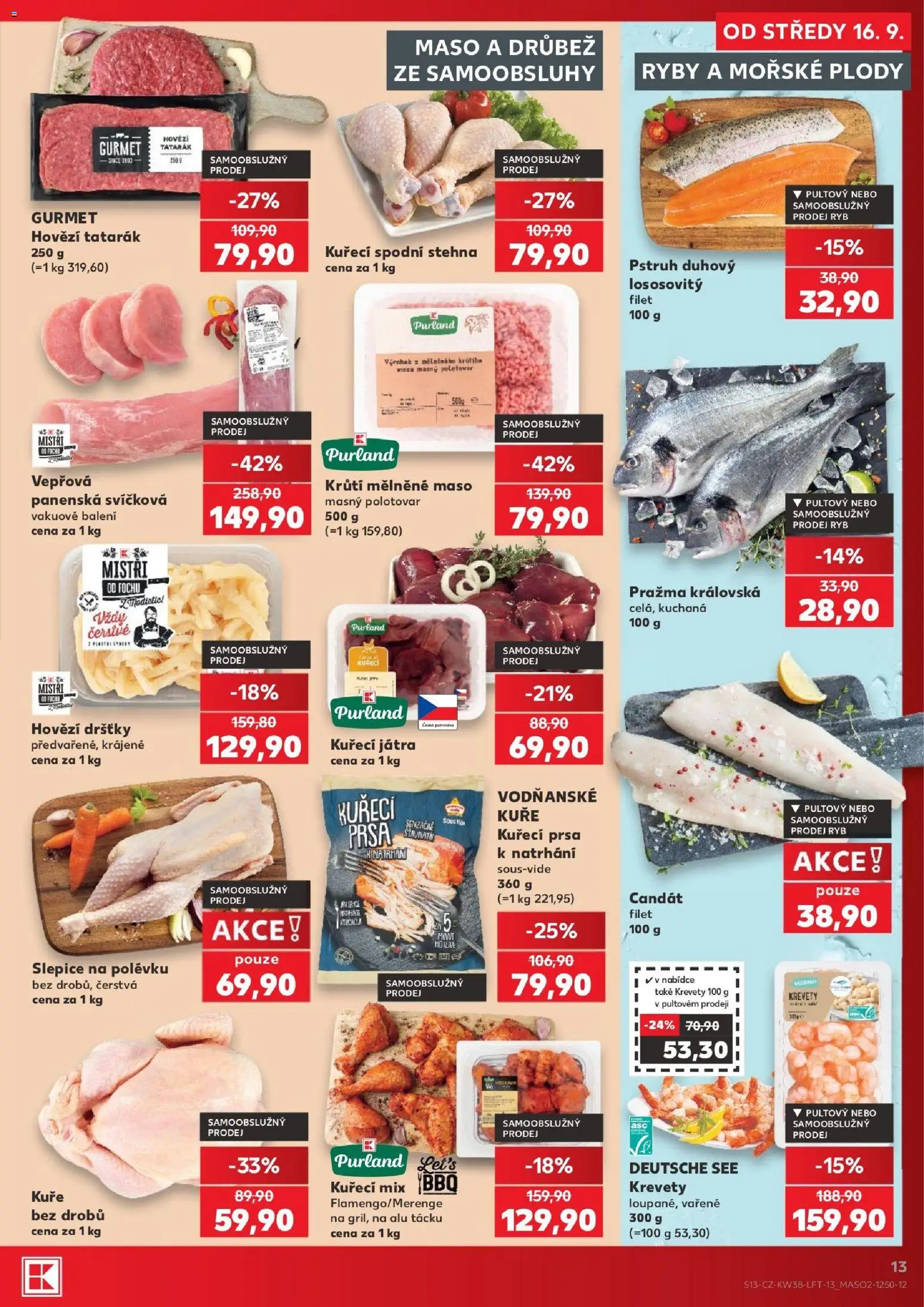 Kaufland leták - Kolín od 16.09.2026 | Strana: 13 | Produkty: Kuřecí prsa, Hovězí, Kuřecí Játra, Hovězí tatarák