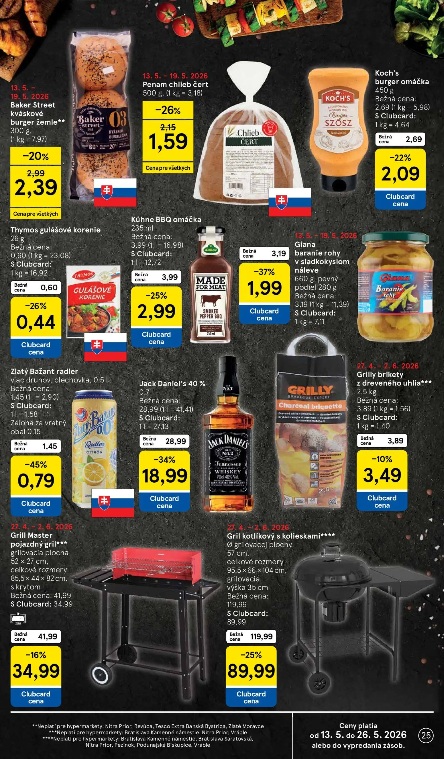 Nové Tesco akcie – leták je platný od 13.05.2026 | Strana: 25 | Produkty: Gril, Omáčka, Jack Daniel's, Brikety