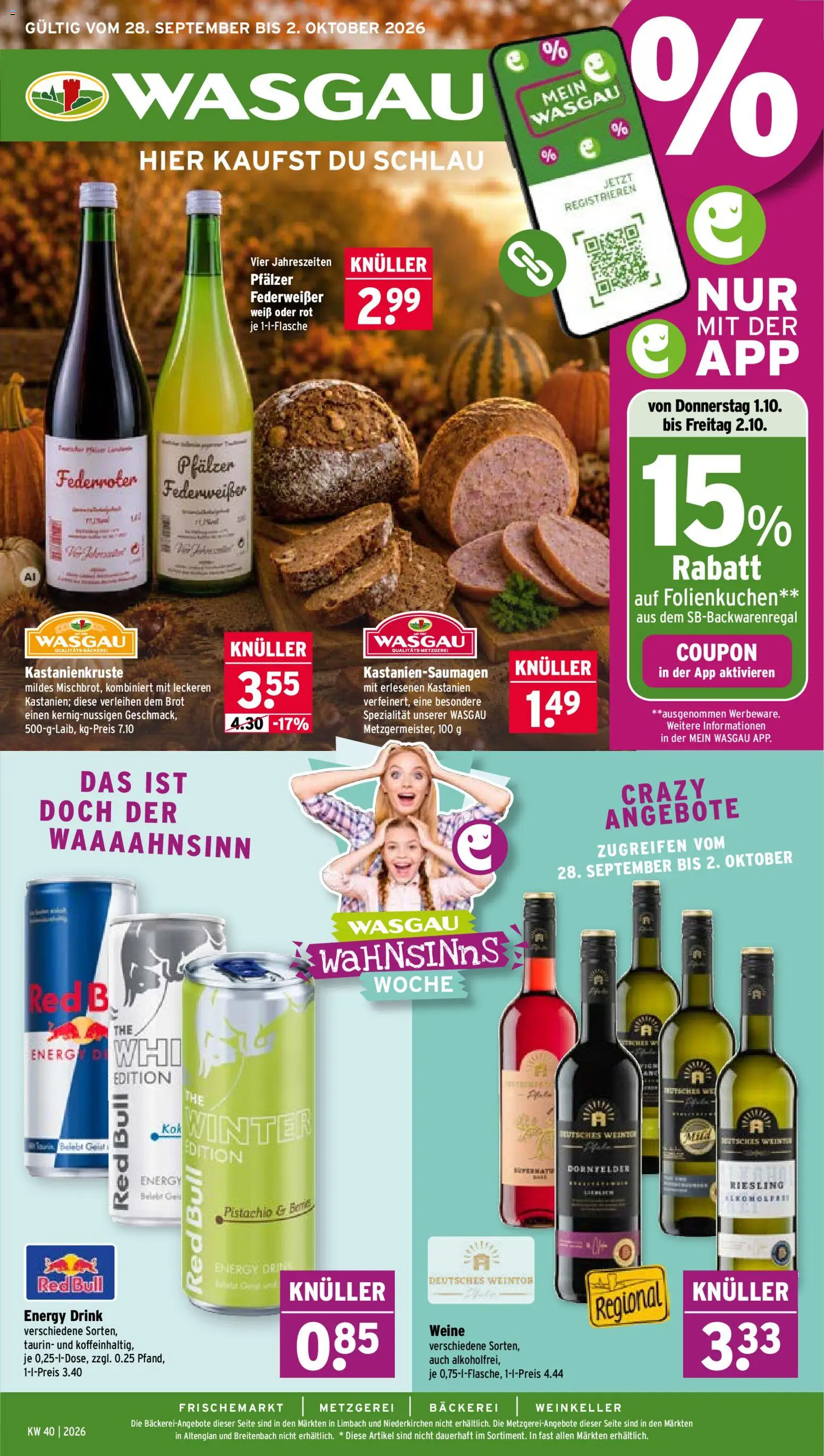Wasgau Prospekt – gültig ab 28.09.2026 | Seite: 1 | Produkte: Bäckerei, Red bull, Energy, Brot
