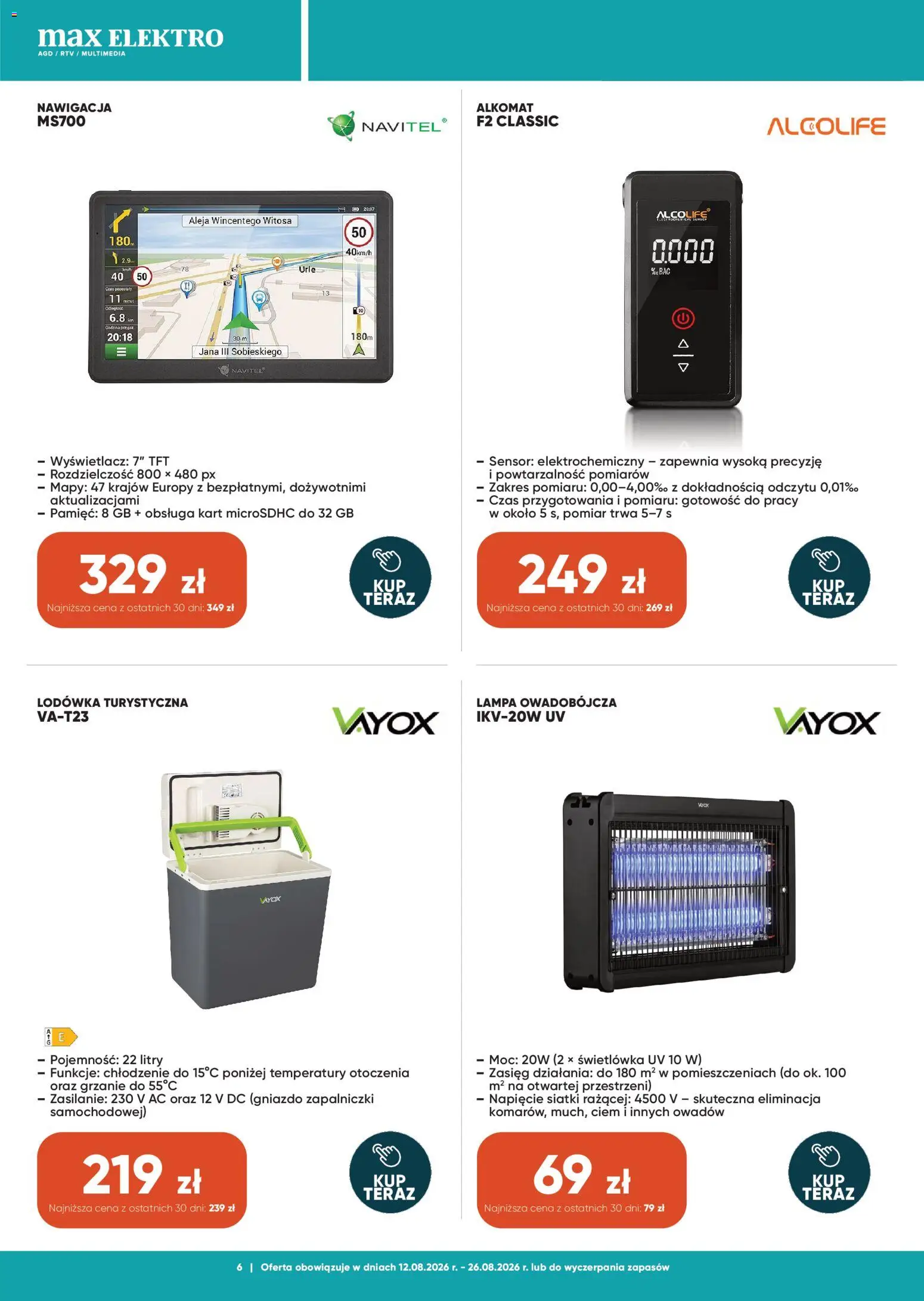Max elektro gazetka od 12.08.2026 | Strona: 6 | Produkty: Alkomat, Lodówka, Nawigacja, Lampa