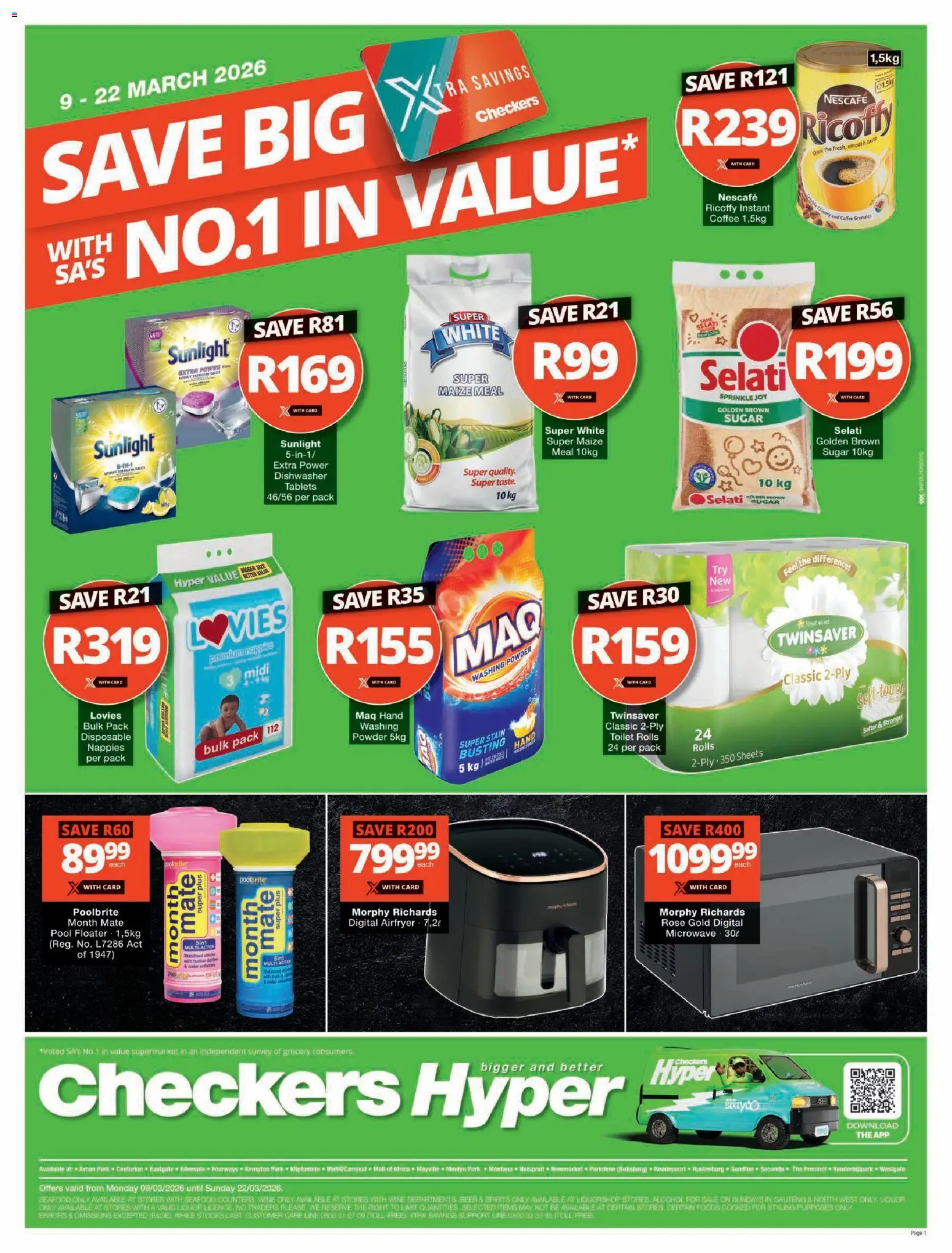New Checkers catalogue – valid from 09.03.2026 | Page: 1 | Products: Toilet, Washing powder, Seafood, Nappies