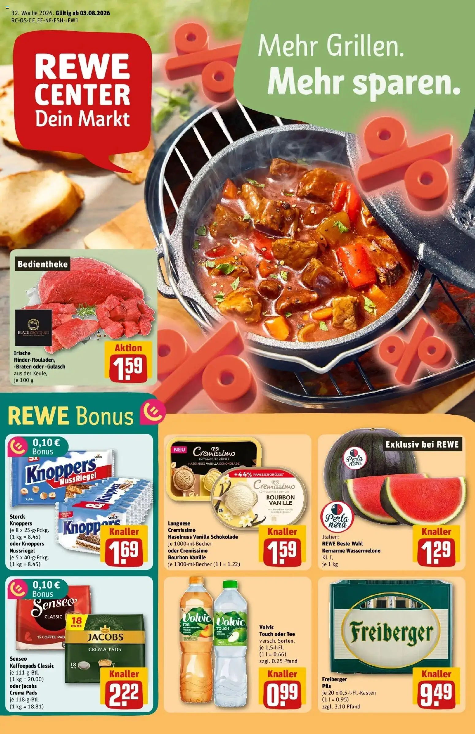 REWE Prospekt ab 03.08.2026 zum Blättern » Angebote | Seite: 1 | Produkte: Cremissimo, Schokolade, Pils, Vanille
