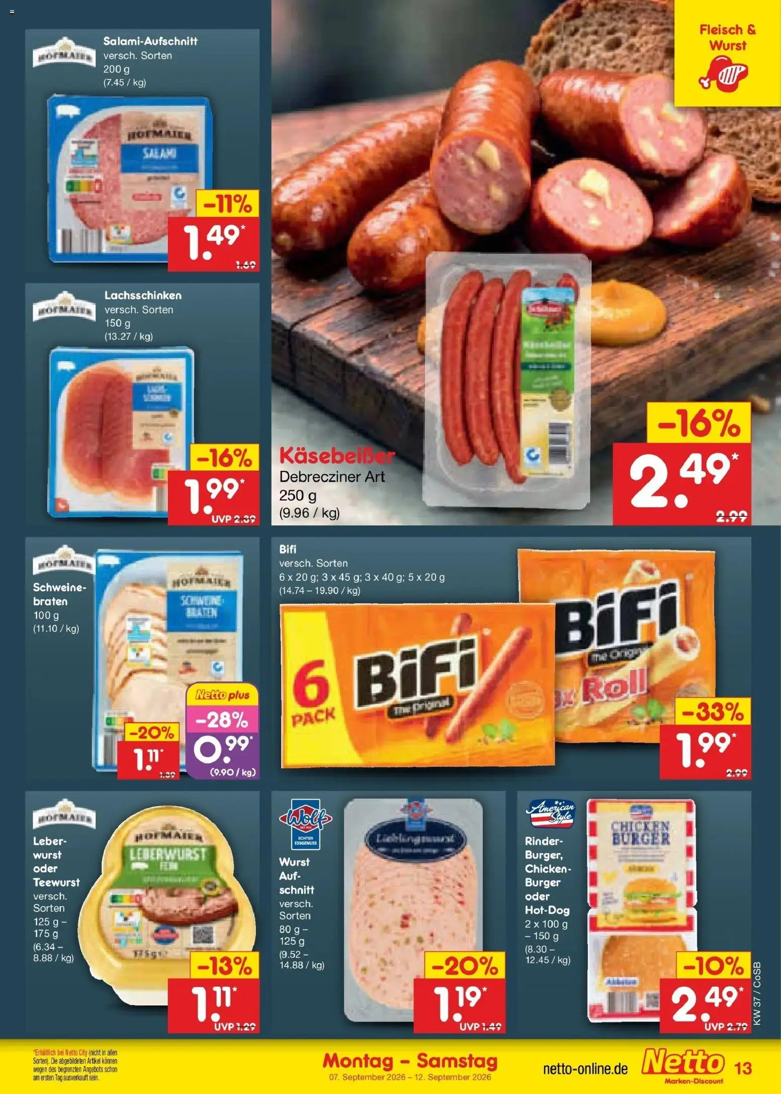 Netto Marken-Discount Prospekt Leipzig – gültig ab 07.09.2026 | Seite: 19 | Produkte: Burger, Wurst, Salami, Fleisch