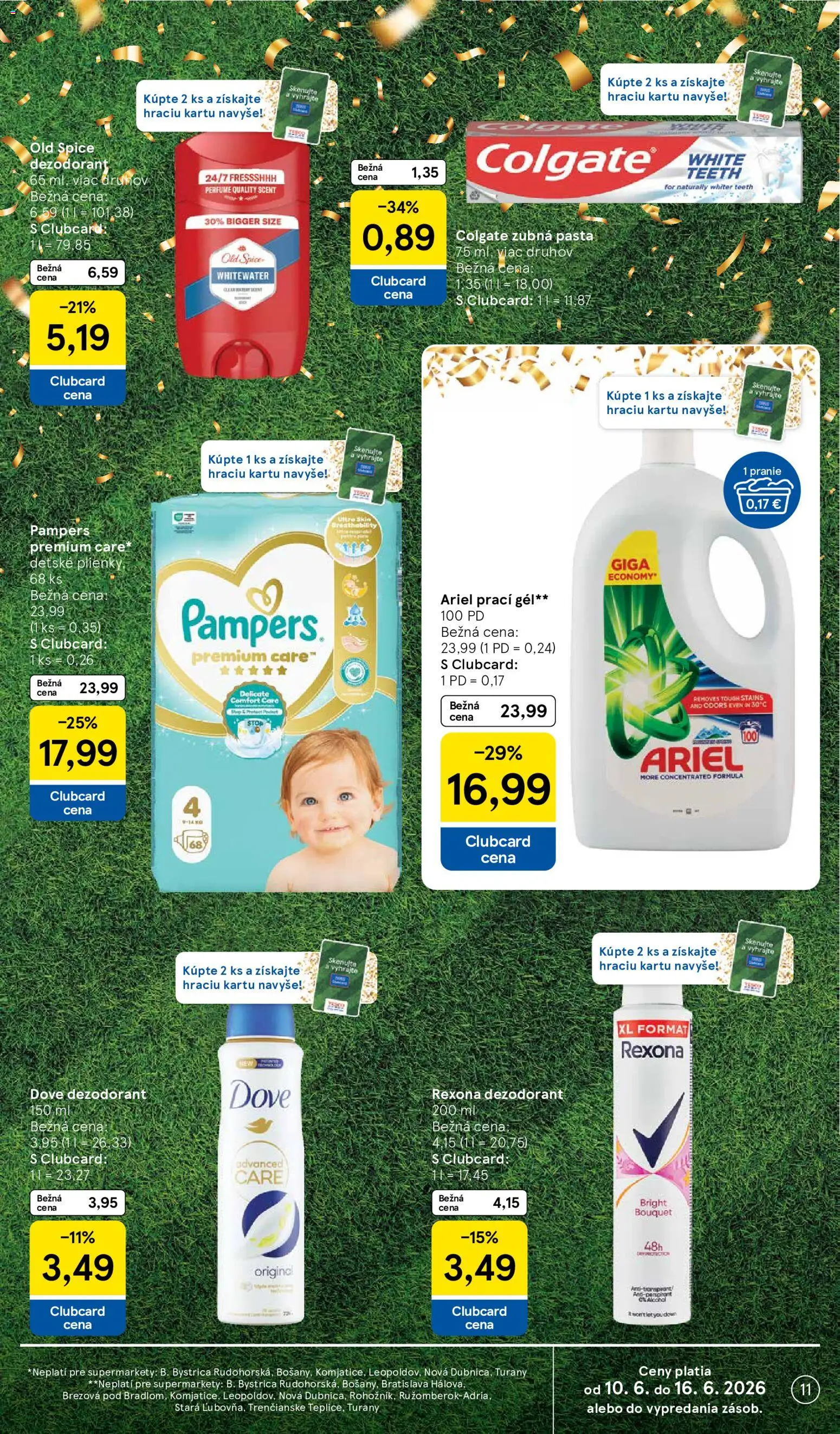 Nové Tesco akcie – leták je platný od 10.06.2026 | Strana: 11 | Produkty: Old Spice, Zubná pasta, Ariel, Pampers