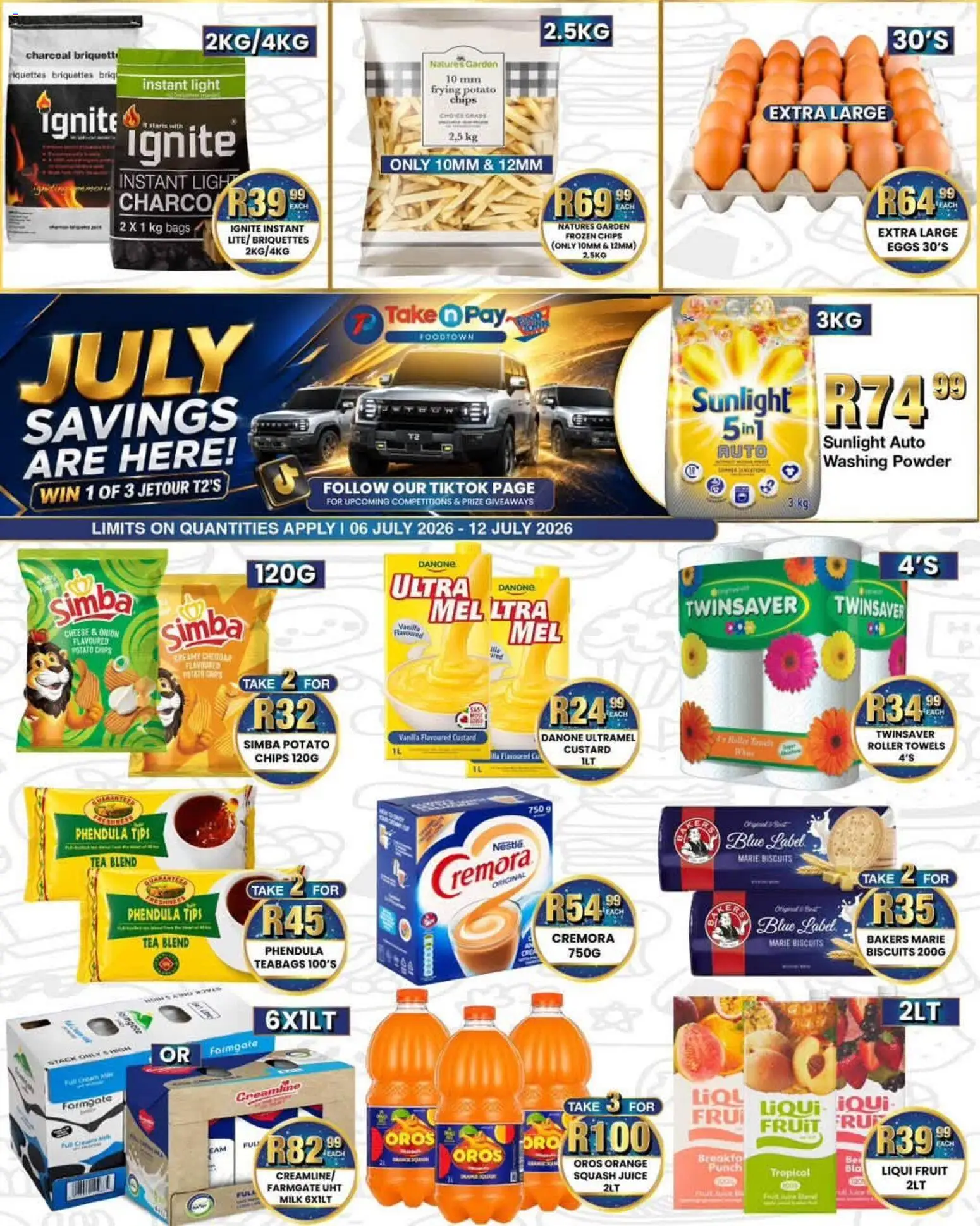 New Take n Pay catalogue – valid from 06/07/2026 | Page: 1 | Products: Custard, Eggs, Chips, Cream