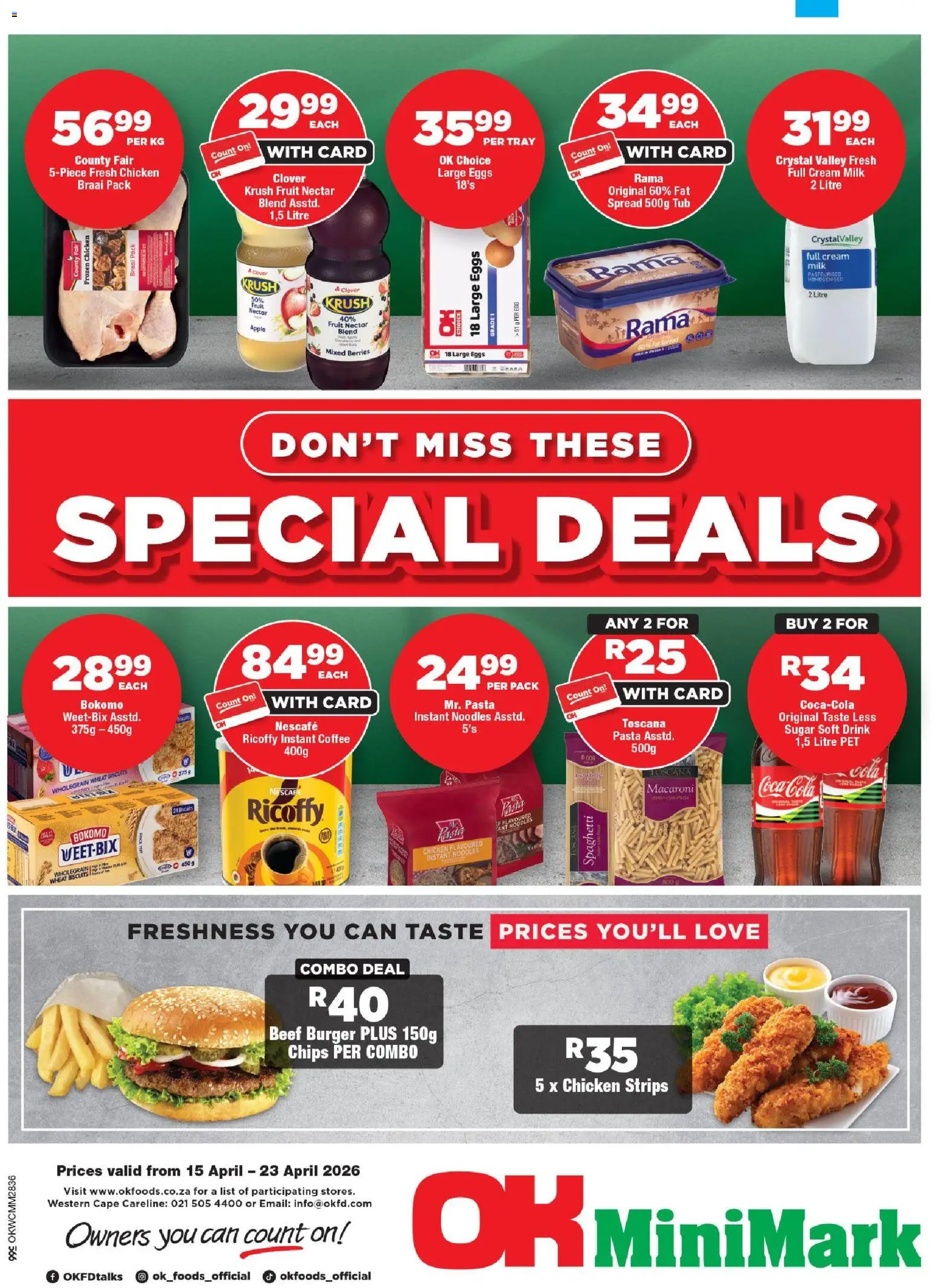New OK Foods catalogue – valid from 15.04.2026 | Page: 1 | Products: Eggs, Beef, Pasta, Cream