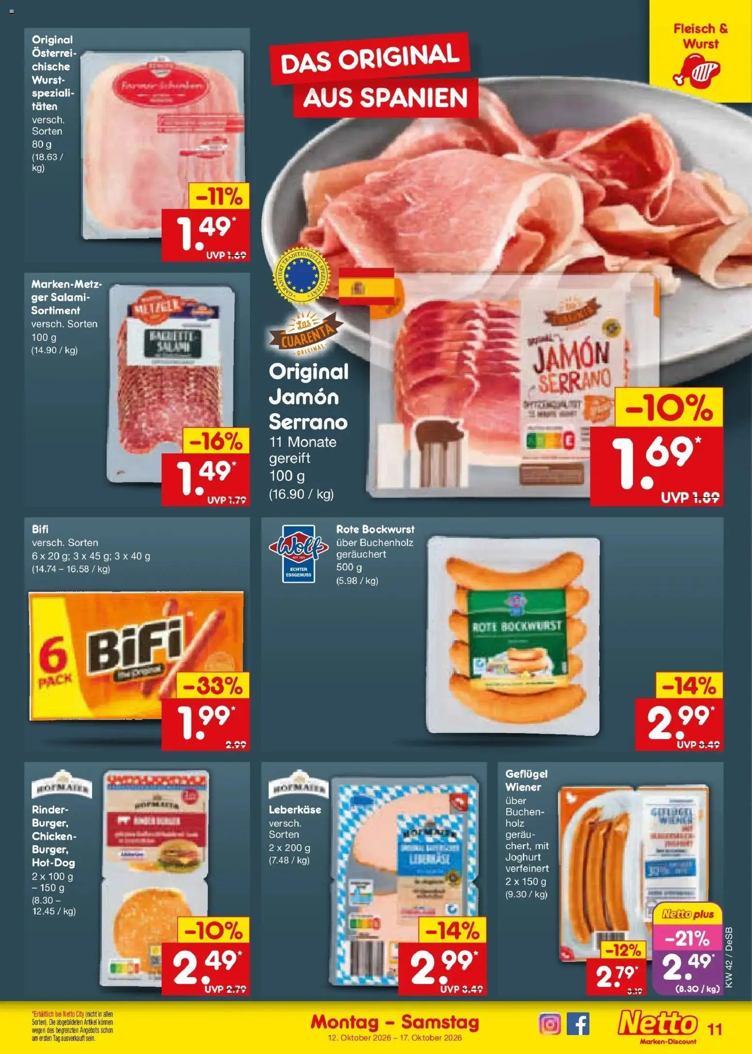 Netto Marken-Discount Prospekt Waiblingen-Bittenfeld (ab 12.10.2026) » Angebote | Seite: 13 | Produkte: Bockwurst, Joghurt, Bifi, Wurst