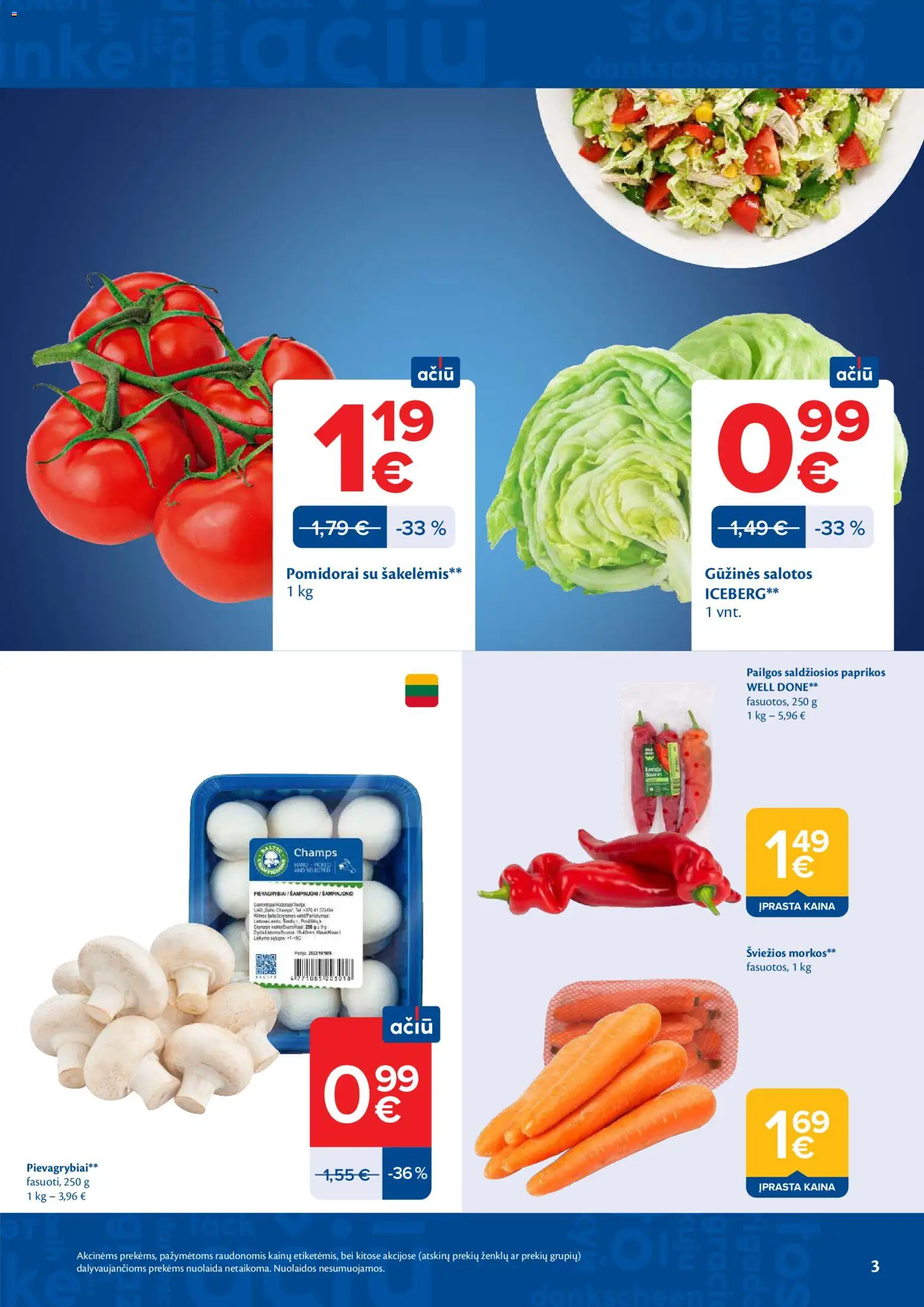 MAXIMA akcijos nuo 2026.07.07 | Puslapis: 3 | Prekių: Salotos, Pievagrybiai, Pomidorai, Morkos