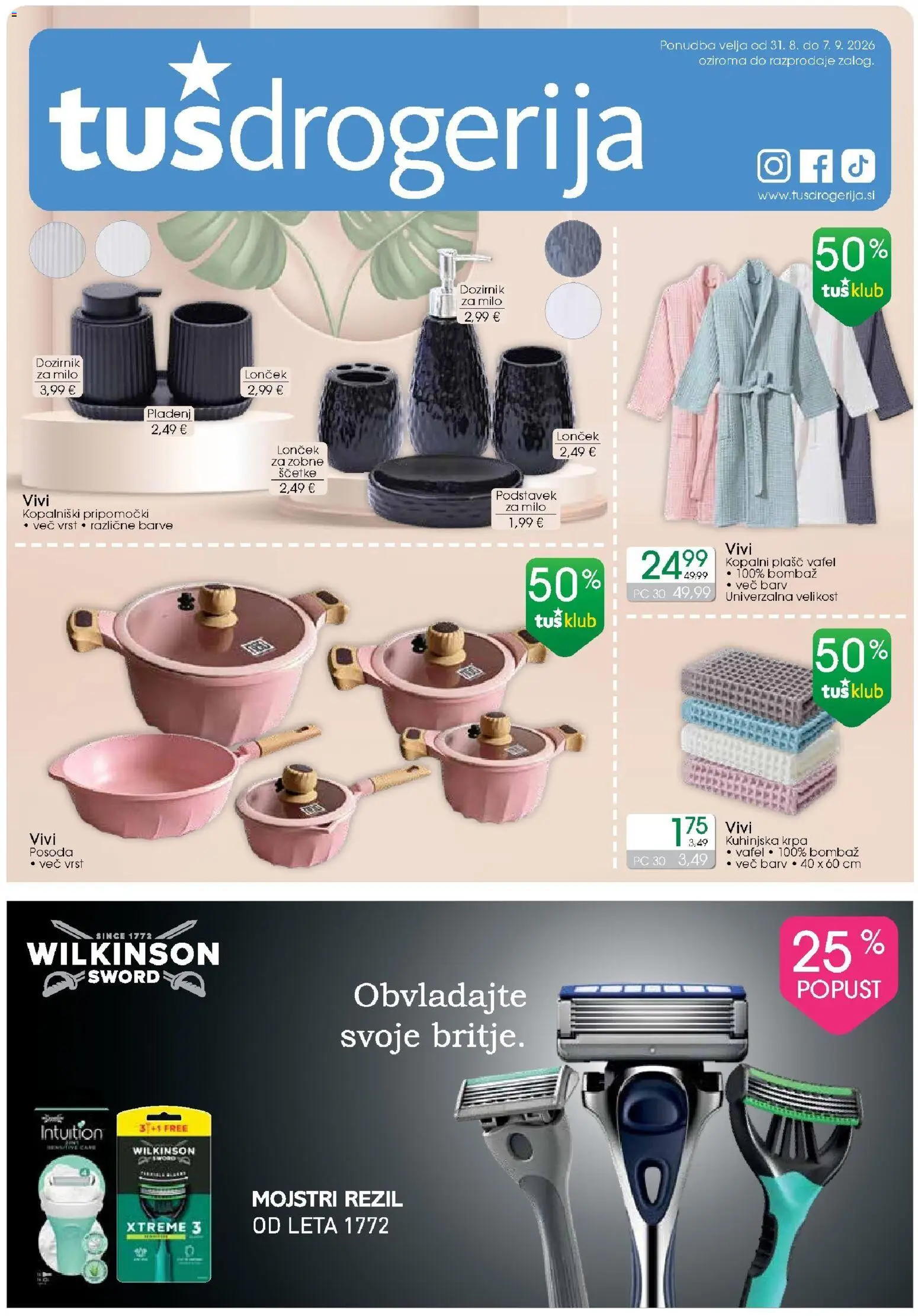 Novi Tuš drogerija katalog ponudbe – veljaven od 31.08.2026 | Stran: 1 | Izdelki: Milo, Plasc, Kopalni plasc