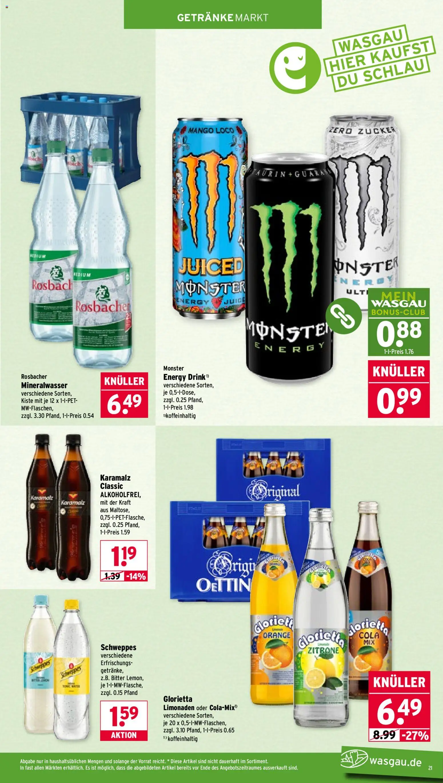 Wasgau Prospekt 	 – gültig ab 04.05.2026 | Seite: 21 | Produkte: Cola, Monster, Zitrone, Mango