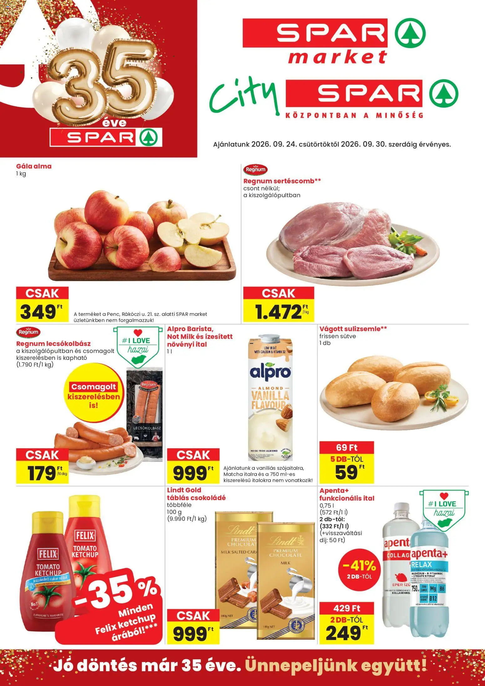Spar Market akciós ujság - amely érvényes a következő dátumtól: 2026.09.24. | Oldal: 1 | Termékek: Matcha, Alpro, Sertéscomb, Eper