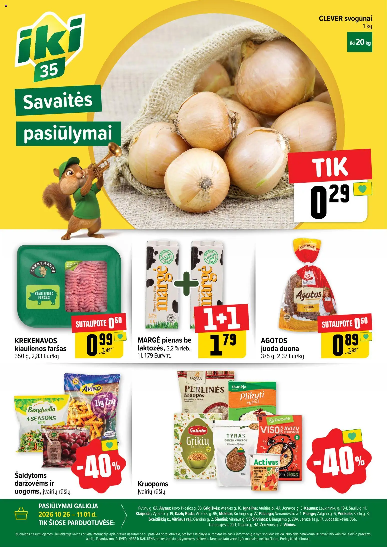 IKI akcijos nuo 2026.10.26 | Puslapis: 1 | Prekių: Kruopos, Svogūnai, Pienas, Ryžiai