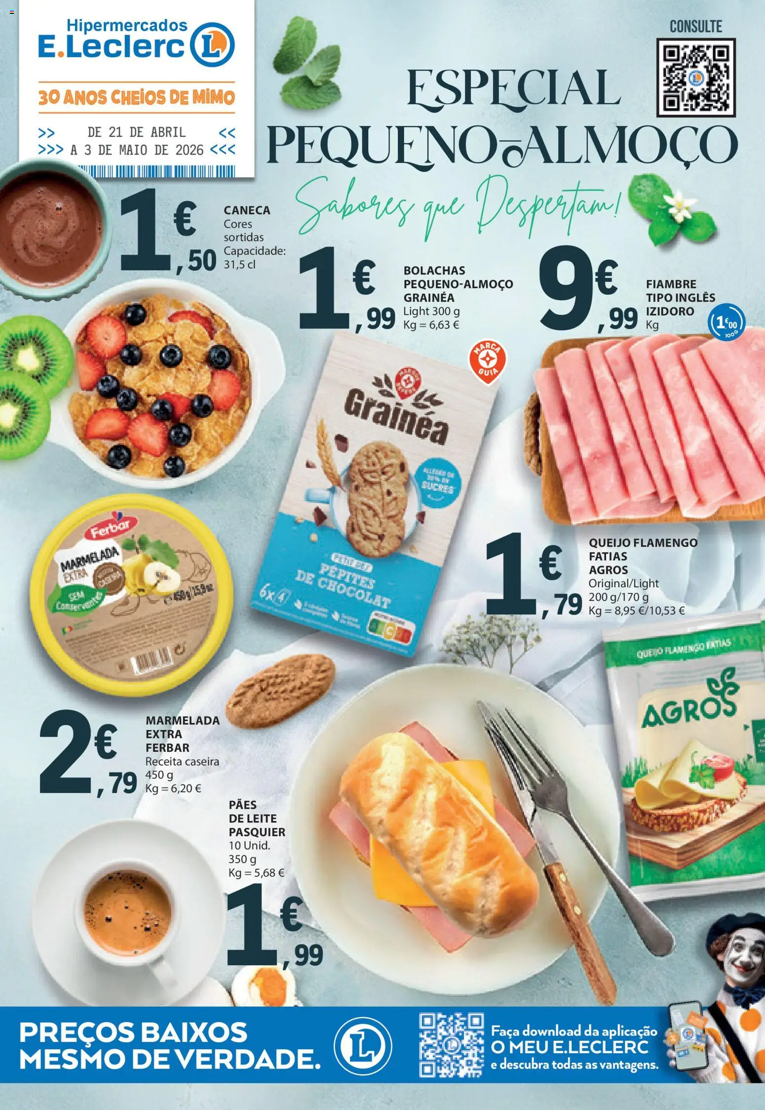 E.Leclerc folheto Especial Pequeno-Almoço │ válido de 21.04.2026 | Página: 1 | Produtos: Marmelada, Bolachas, Leite, Queijo