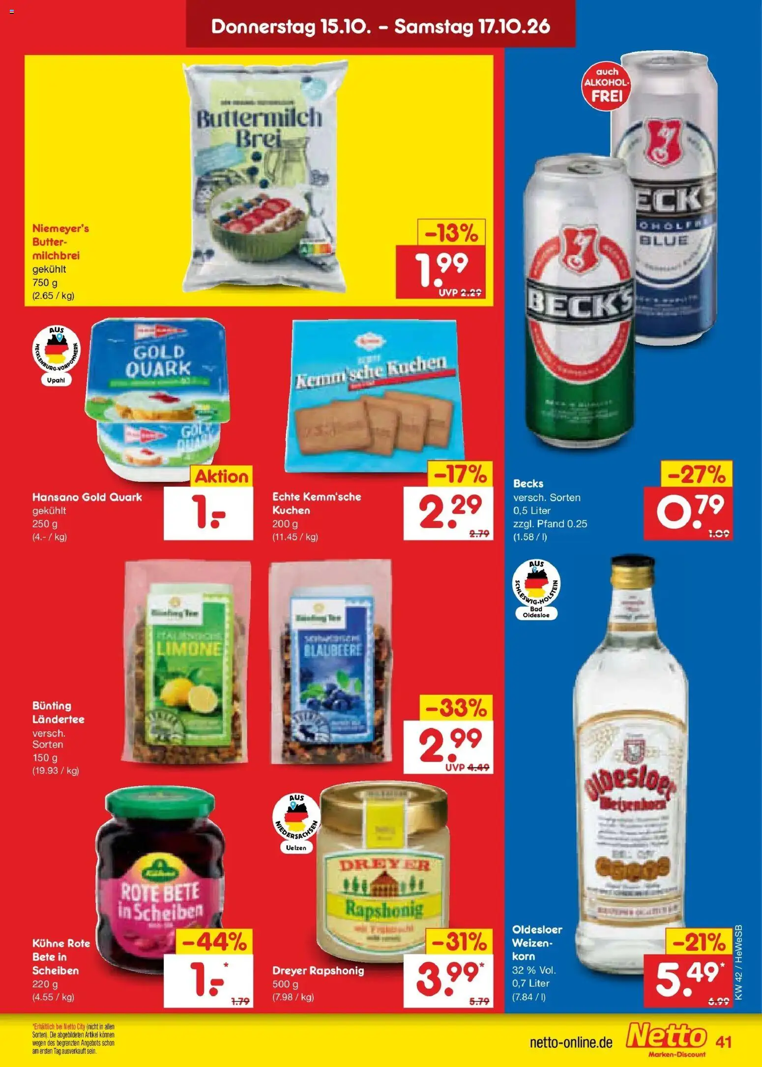 Netto Marken-Discount Prospekt Hamburg (ab 12.10.2026) » Angebote | Seite: 57 | Produkte: Quark, Butter, Alkohol, Kuchen