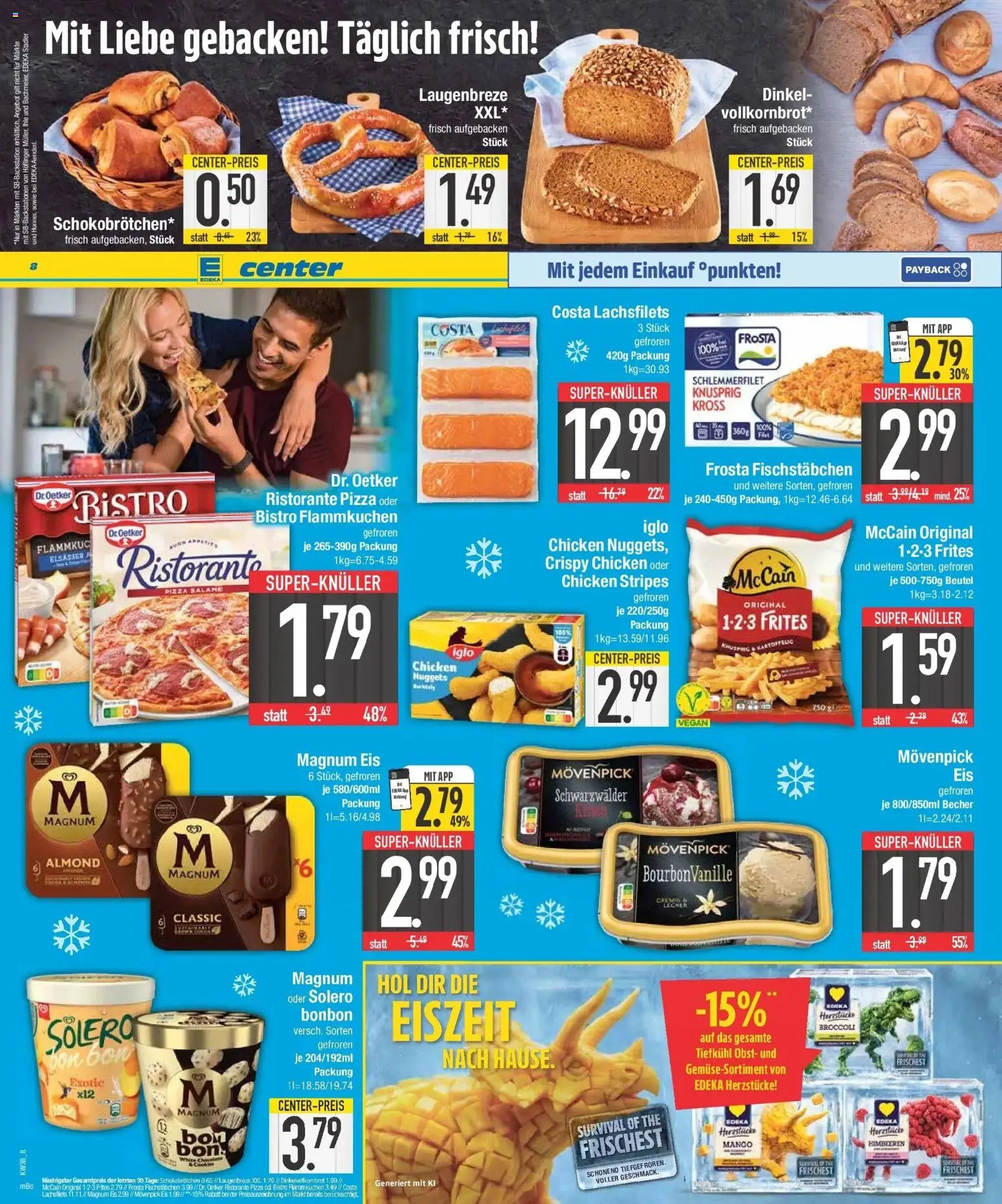 E center Prospekt München (ab 14.09.2026) zum Blättern | Seite: 8 | Produkte: Himbeeren, Iglo, Fischstabchen, Pizza