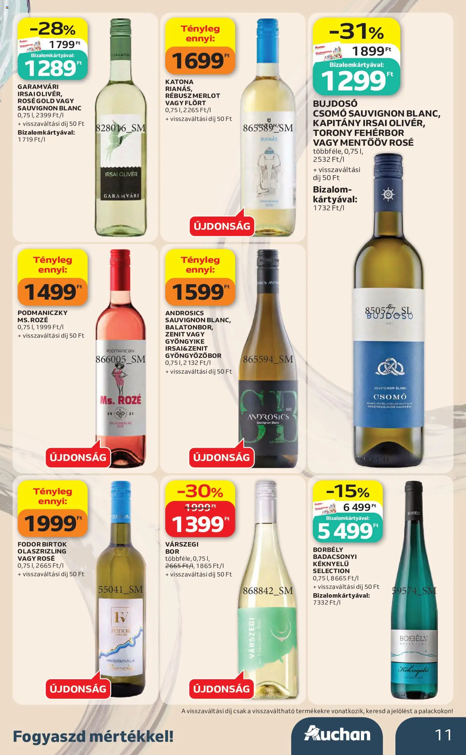 Auchan akciós ujság - amely érvényes a következő dátumtól: 2026.10.01. | Oldal: 11 | Termékek: Irsai Olivér, Gyöngyözőbor, Bor, Fehérbor