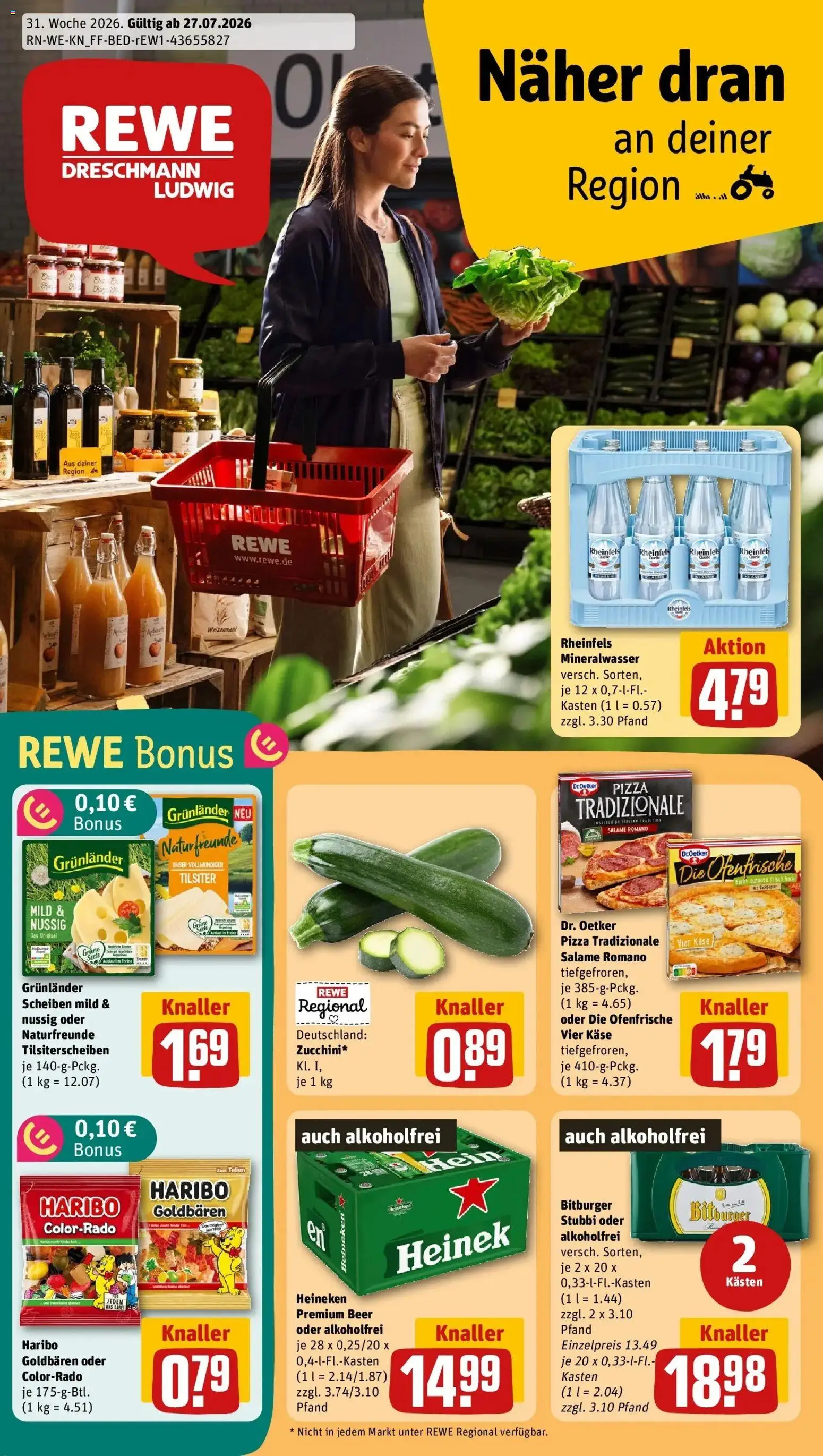 Rewe Prospekt Langenfeld / Reusrath – gültig ab 27.07.2026 | Seite: 1 | Produkte: Bitburger, Käse, Heineken, Grunlander