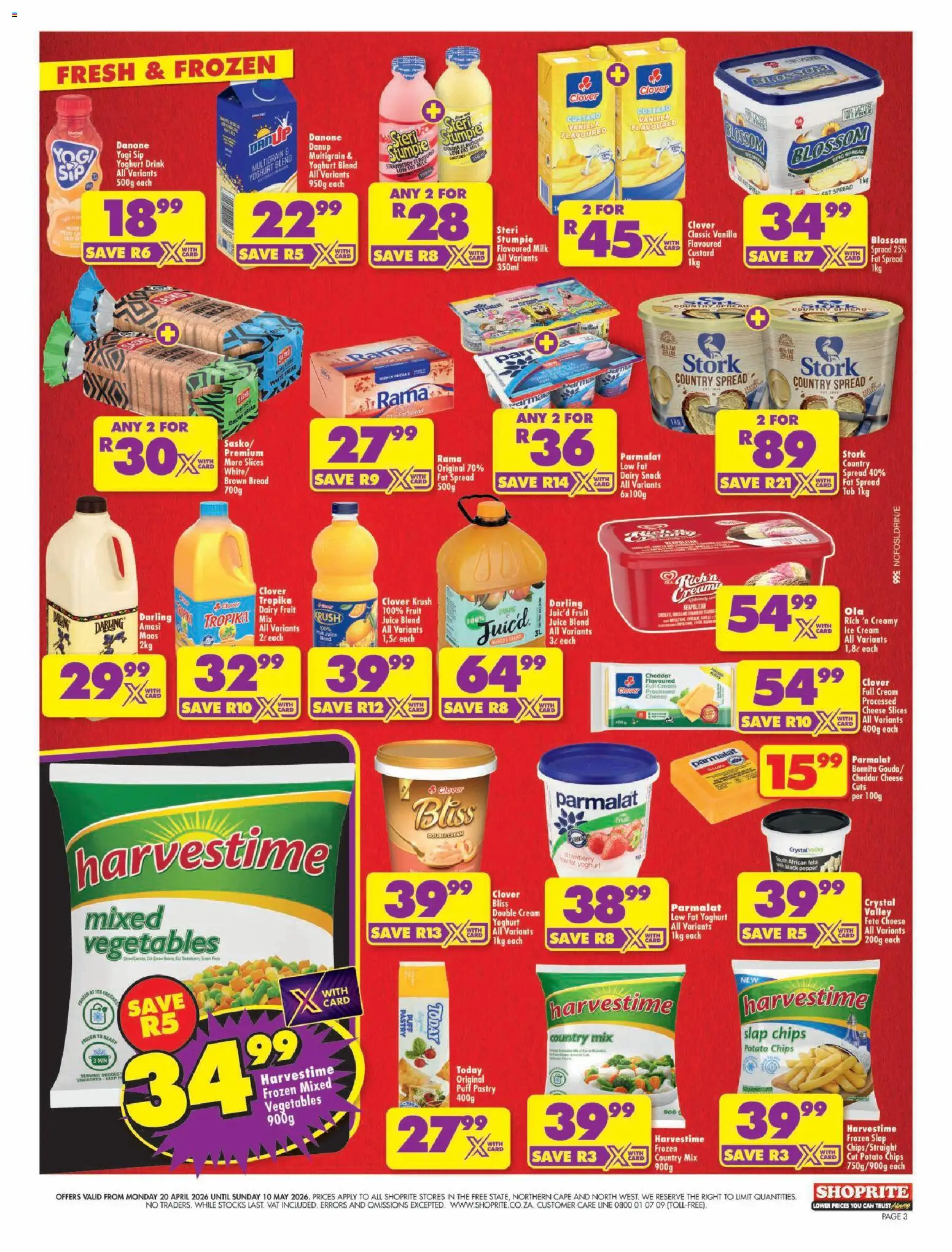 New Shoprite catalogue – valid from 20.04.2026 | Page: 3 | Products: Frozen vegetables, Bread, Ice cream, Fat spread