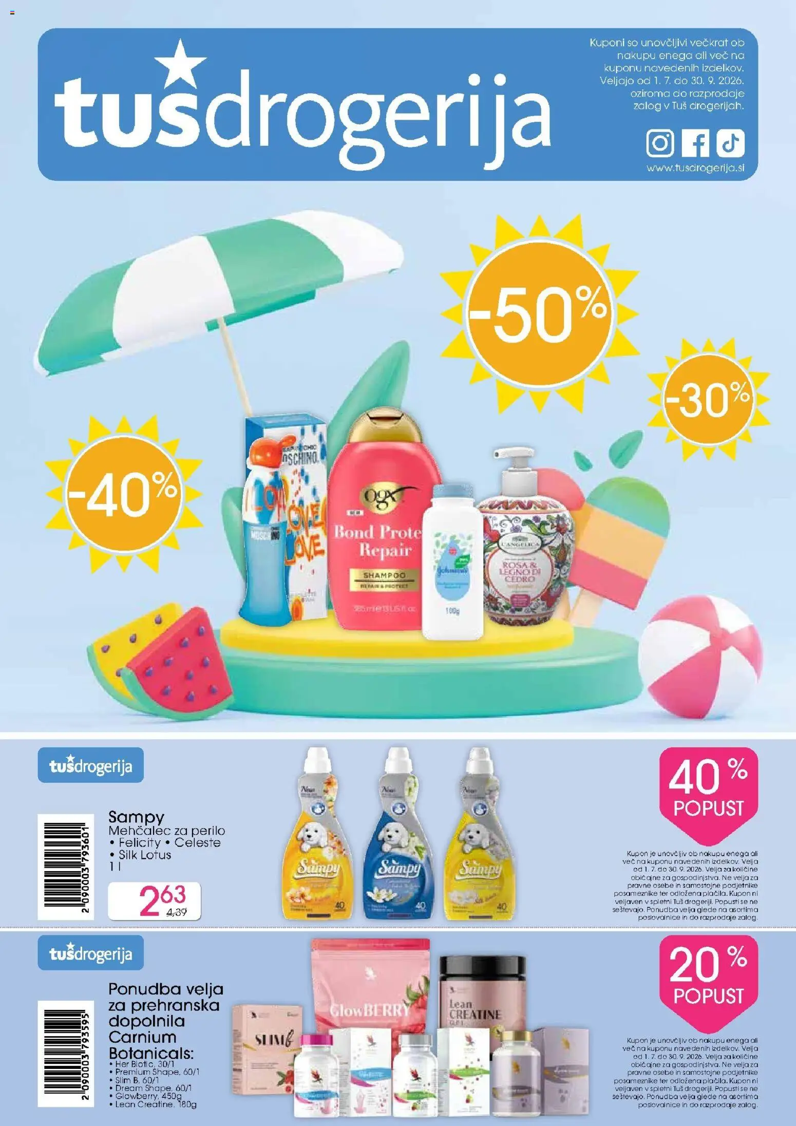 Novi Tuš drogerija katalog ponudbe – veljaven od 01.07.2026 | Stran: 1 | Izdelki: Mehčalec, Lotus, Mehcalec za perilo