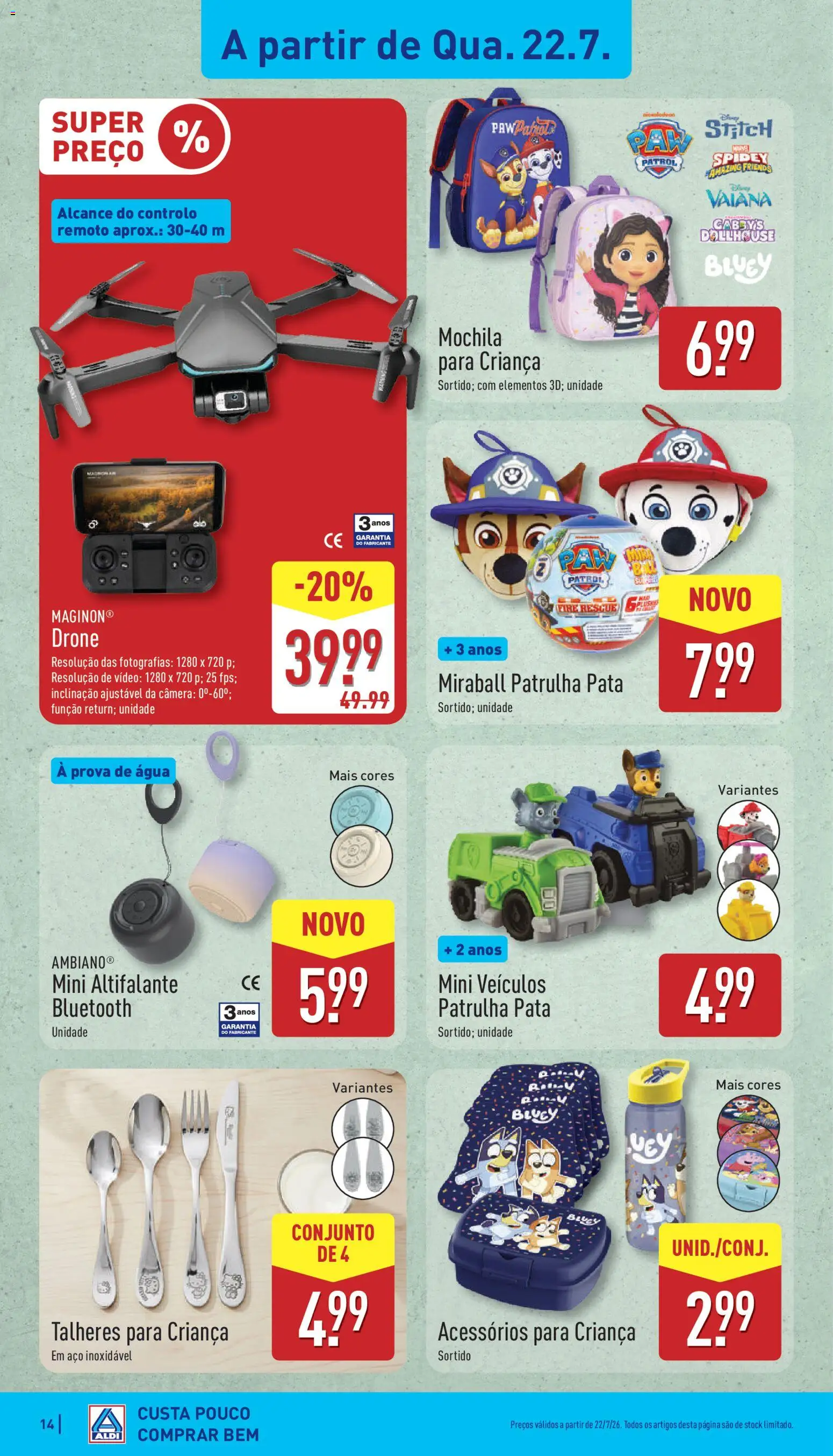 Aldi folheto │ válido de 20/07/2026 | Página: 14 | Produtos: Mochila, Vídeo, Altifalante, Talheres
