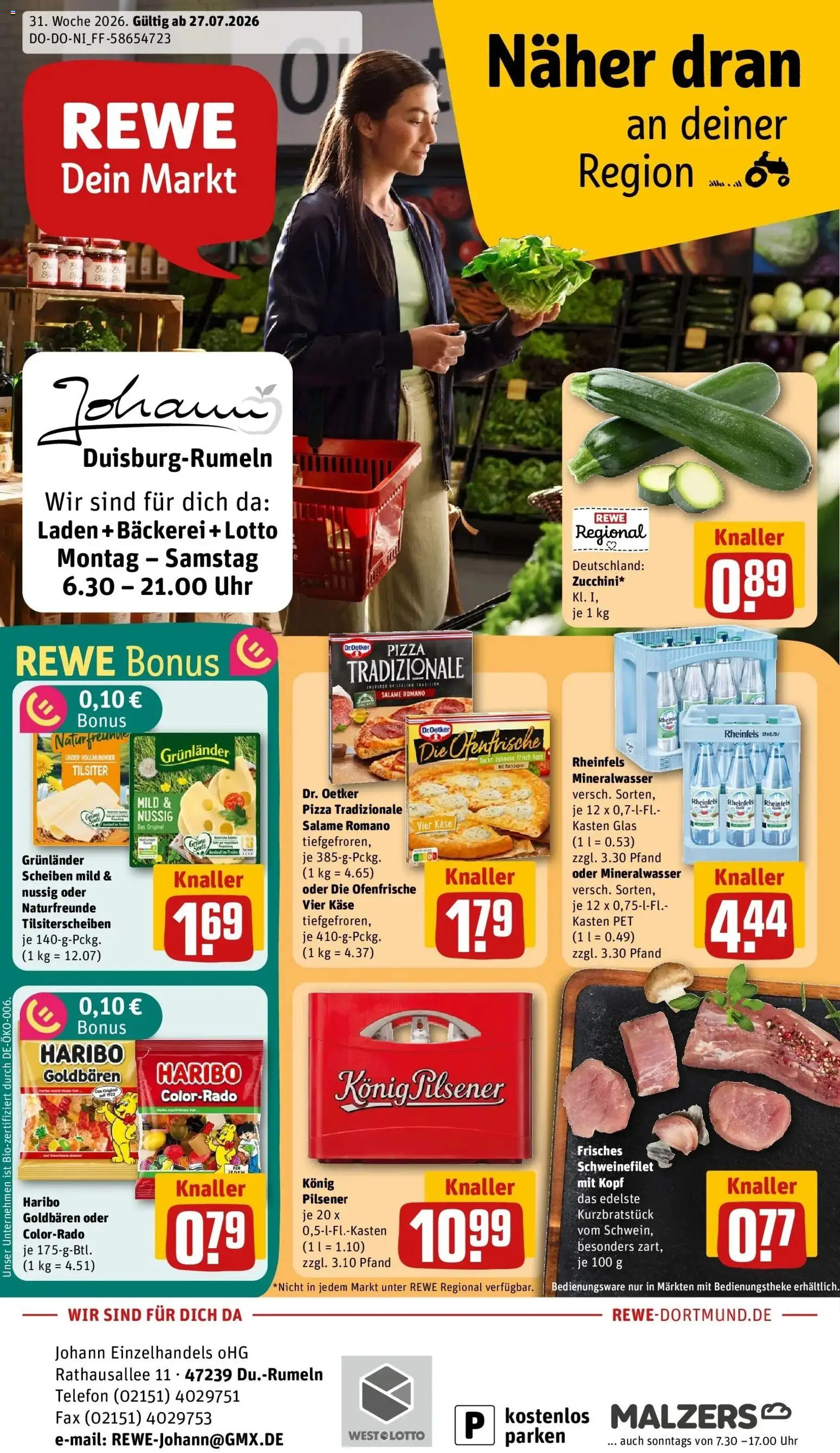 Rewe Prospekt Duisburg / Rumeln – gültig ab 27.07.2026 | Seite: 1 | Produkte: Bäckerei, Käse, Schweinefilet, Pizza