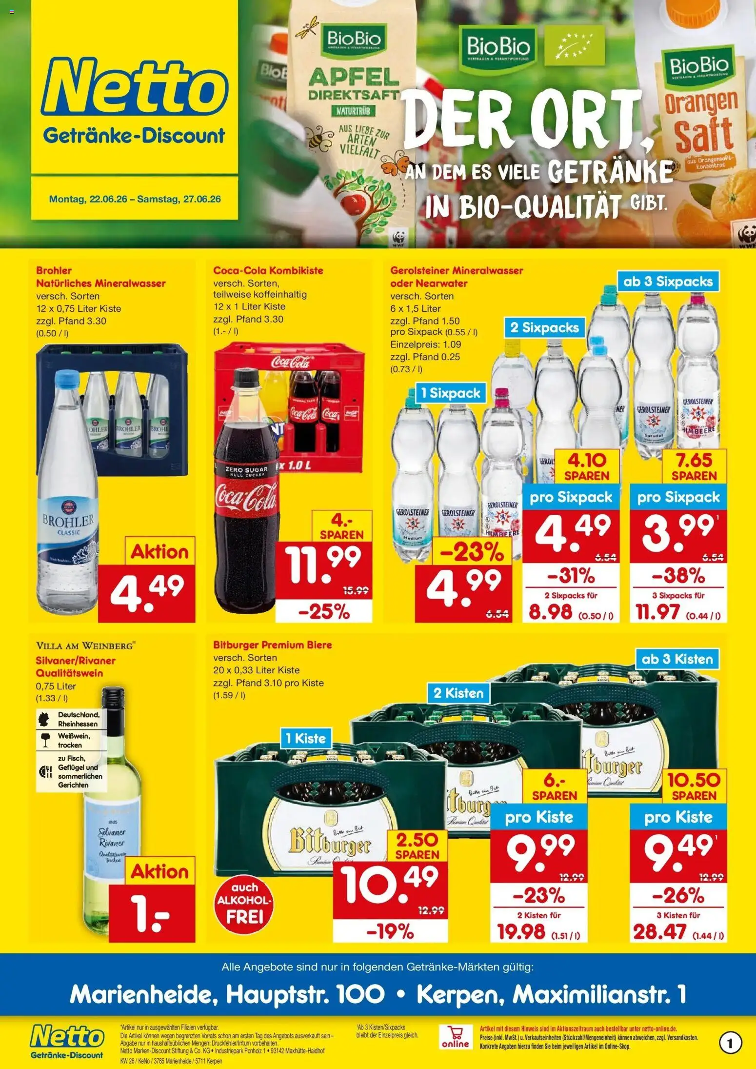 Netto Marken-Discount Prospekt Kerpen – gültig ab 22.06.2026 | Seite: 1 | Produkte: Äpfel, Orangen, Saft, Gerolsteiner