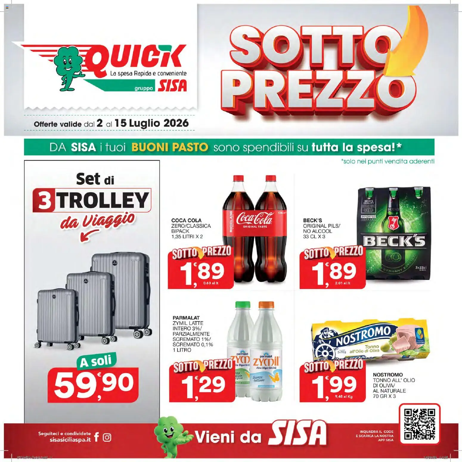 Volantino SISA del 02/07/2026 | Pagina: 1 | Prodotti: Latte, Tonno, Trolley, Coca Cola