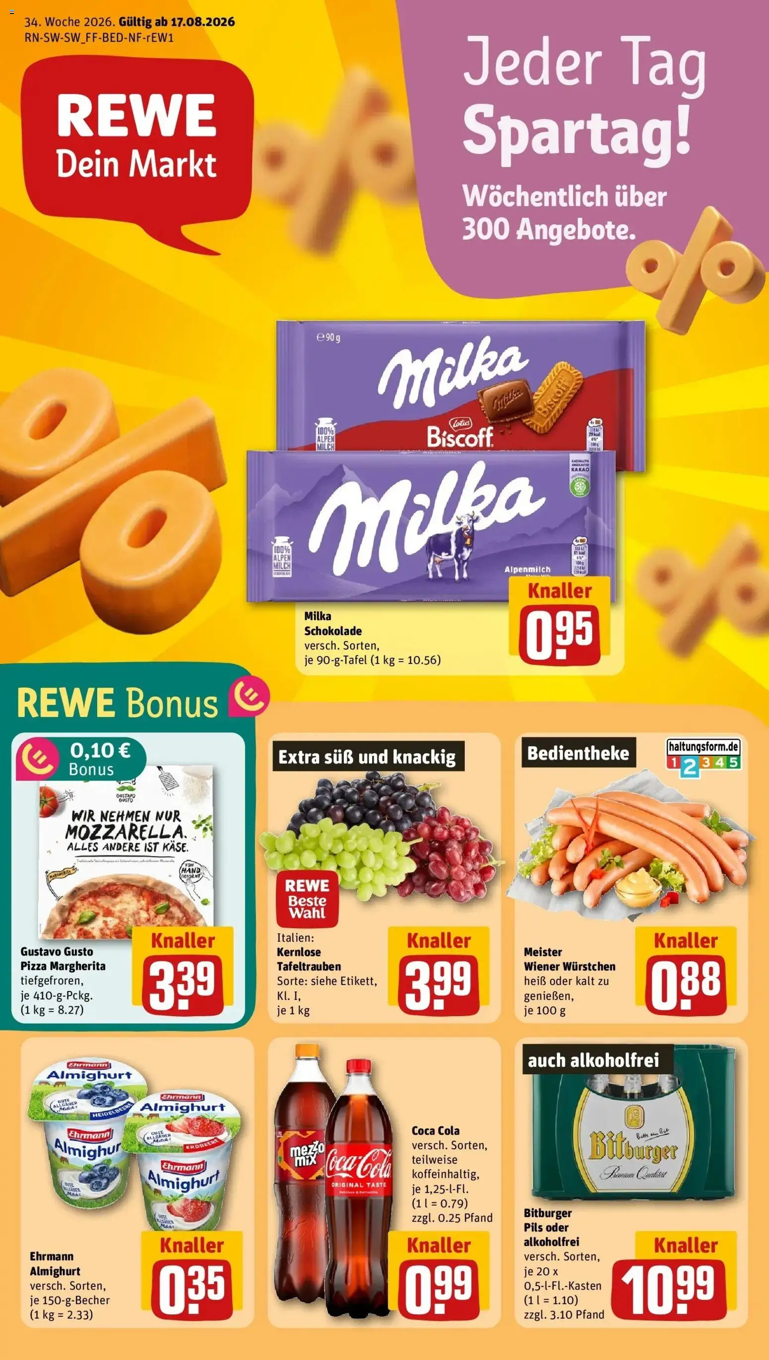 REWE Prospekt ab 17.08.2026 zum Blättern » Angebote | Seite: 1 | Produkte: Gustavo gusto, Bitburger, Milch, Pizza