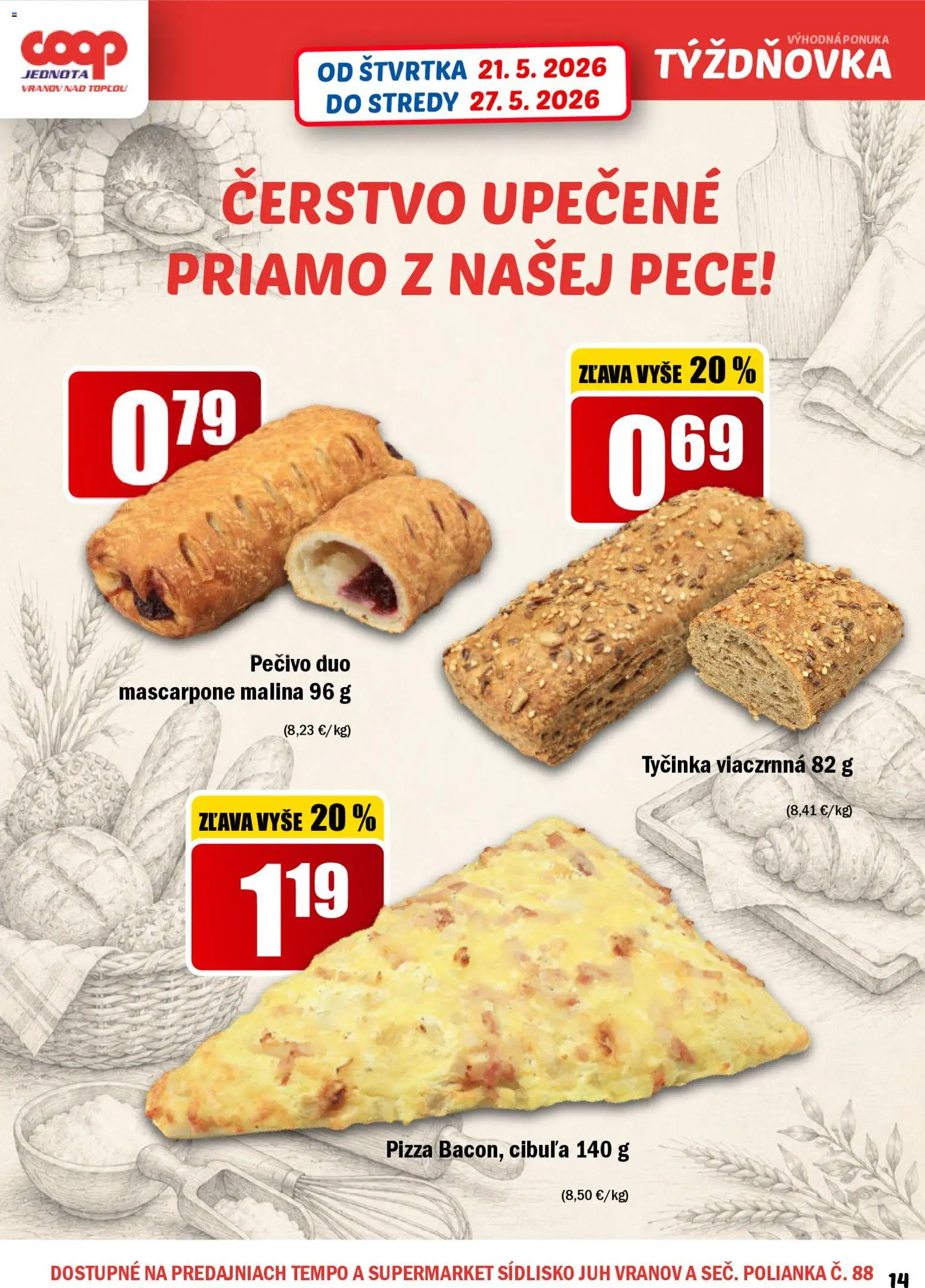 Nové COOP Jednota akcie – leták je platný od 21.05.2026 | Strana: 14 | Produkty: Pizza, Cibuľa, Mascarpone