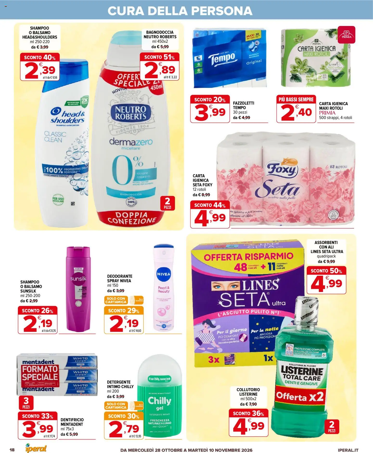 Volantino Iperal del 28/10/2026 | Pagina: 18 | Prodotti: Sapone, Fazzoletti, Listerine, Shampoo antiforfora
