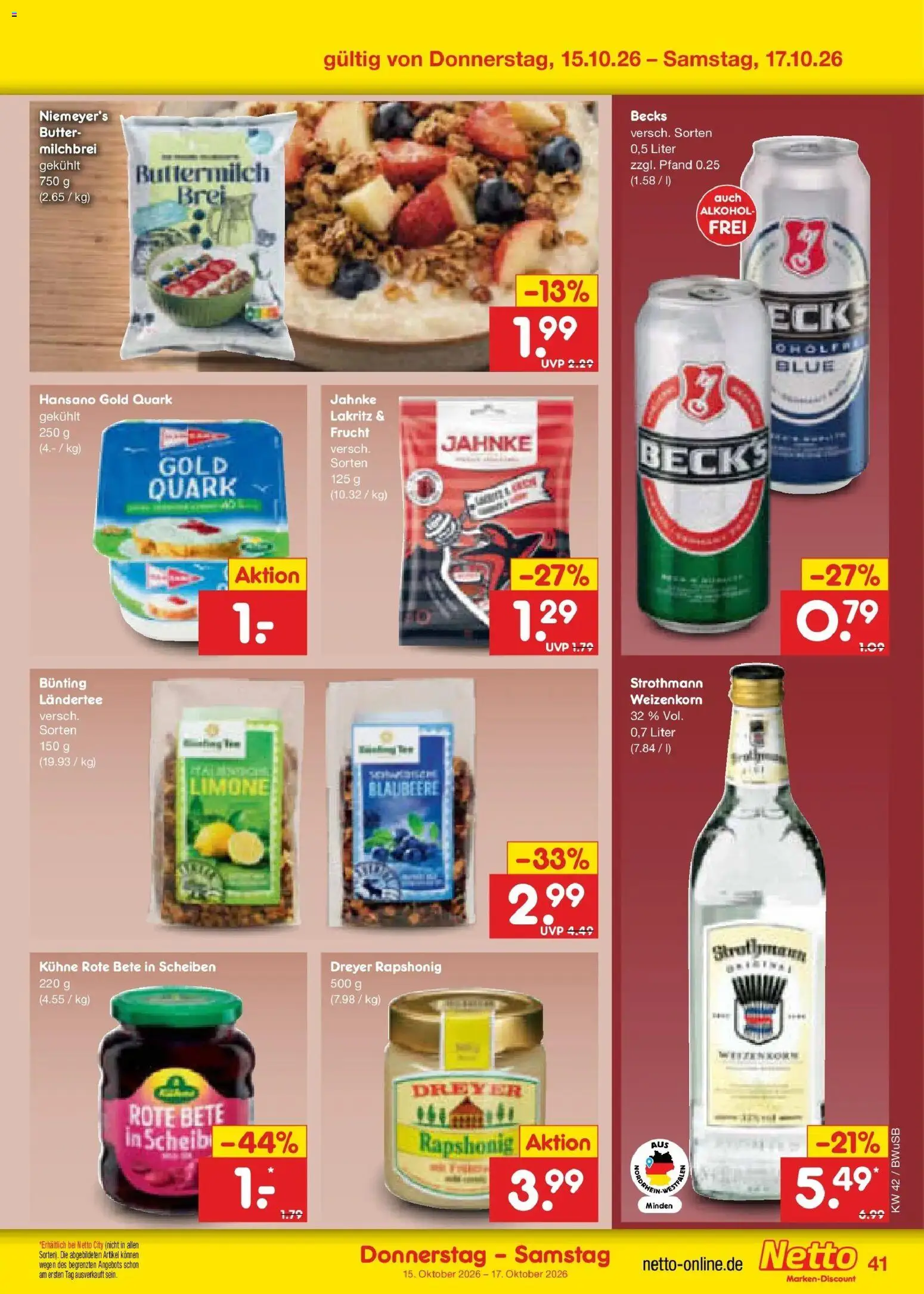 Netto Marken-Discount Prospekt Bielefeld (ab 12.10.2026) » Angebote | Seite: 57 | Produkte: Buttermilch, Quark, Butter, Alkohol