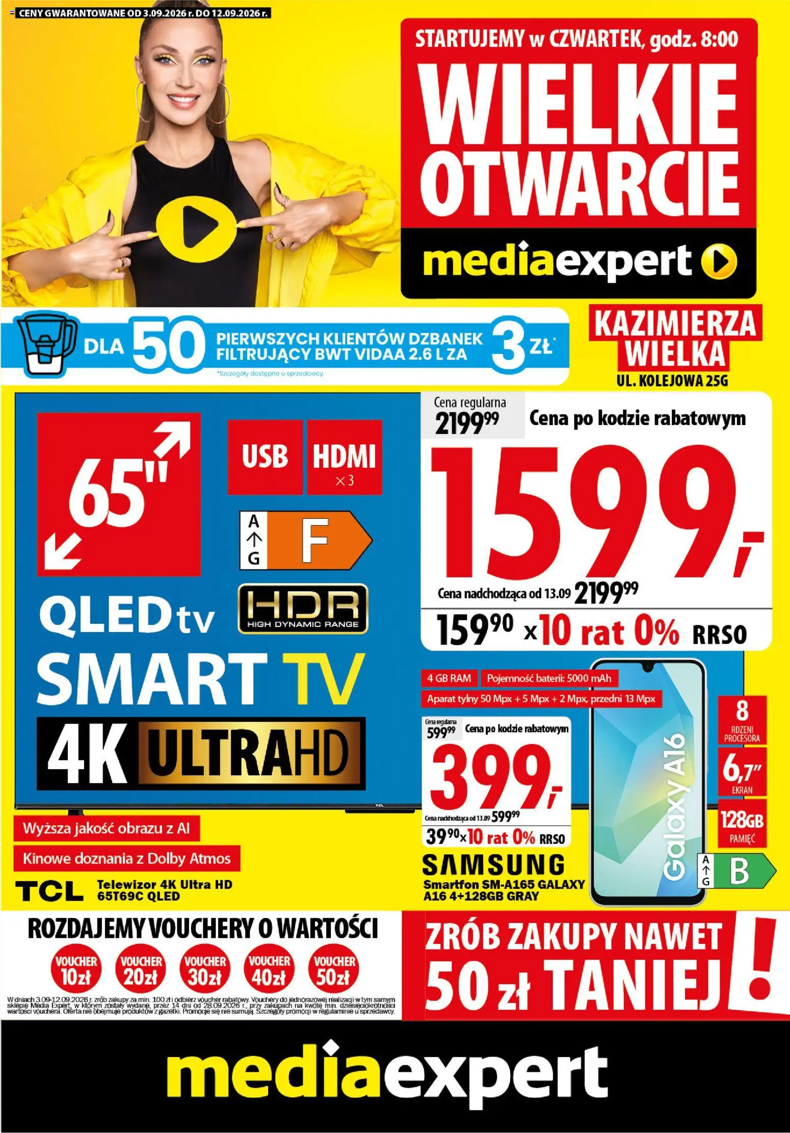 Mediaexpert promocje - Wielkie otwarcie Kazimierza Wielka od 03.09.2026 | Strona: 1 | Produkty: Dzbanek, Smartfon, Telewizor