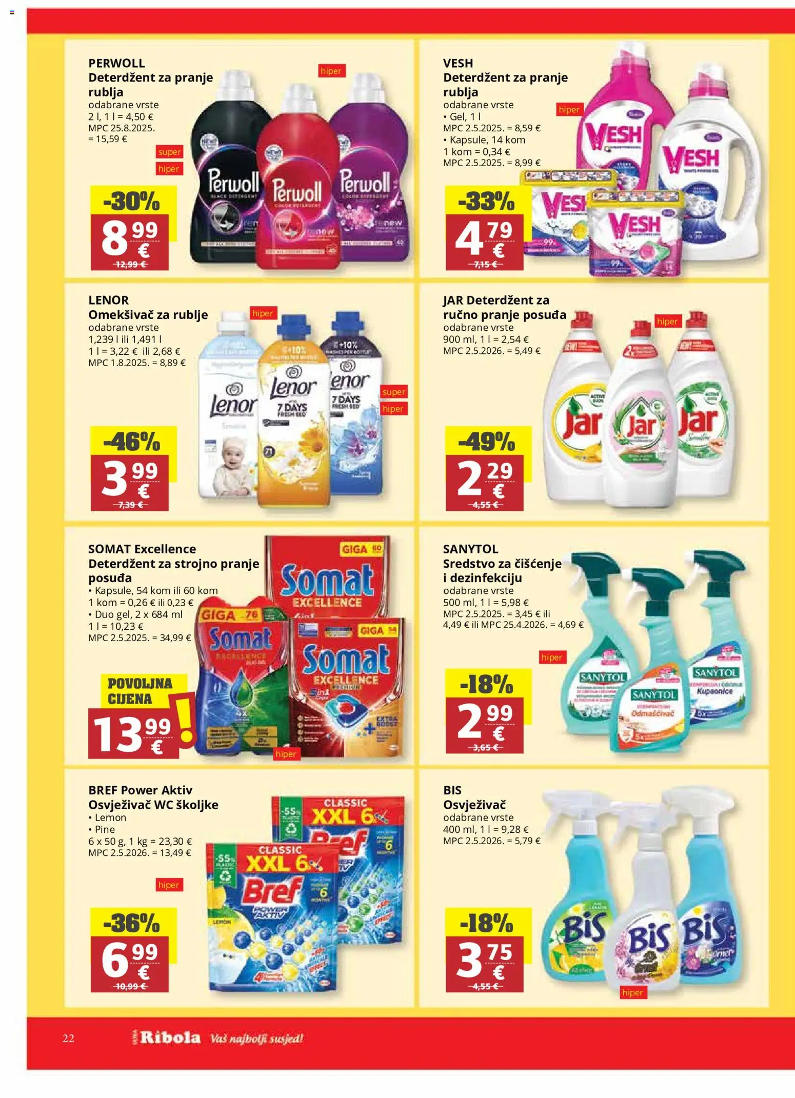 Ribola katalog | vrijedi od 10.06.2026 | Stranica: 22 | Proizvodi: Deterdžent za pranje rublja, Omekšivač, Somat, Perwoll