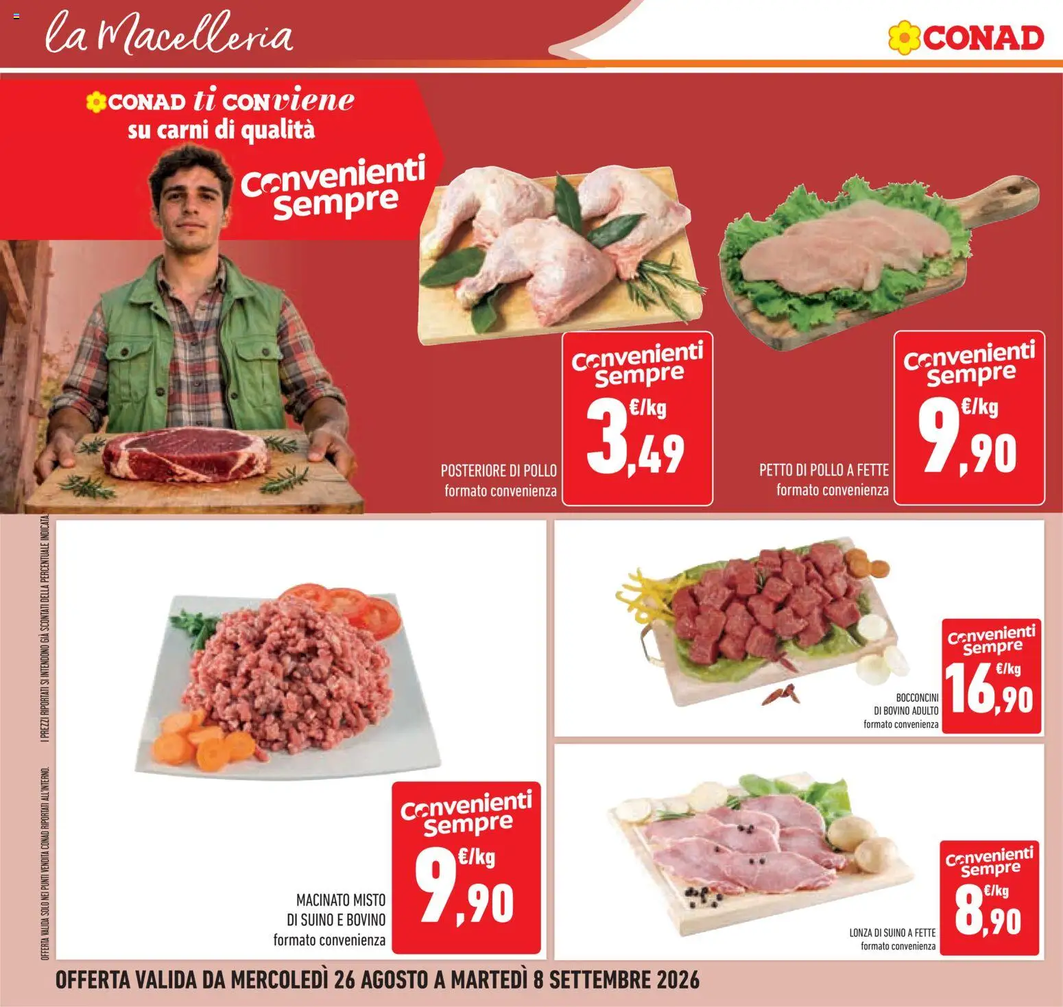 Volantino Conad del 26/08/2026 | Pagina: 12 | Prodotti: Bovino, Pollo, Suino, Macinato