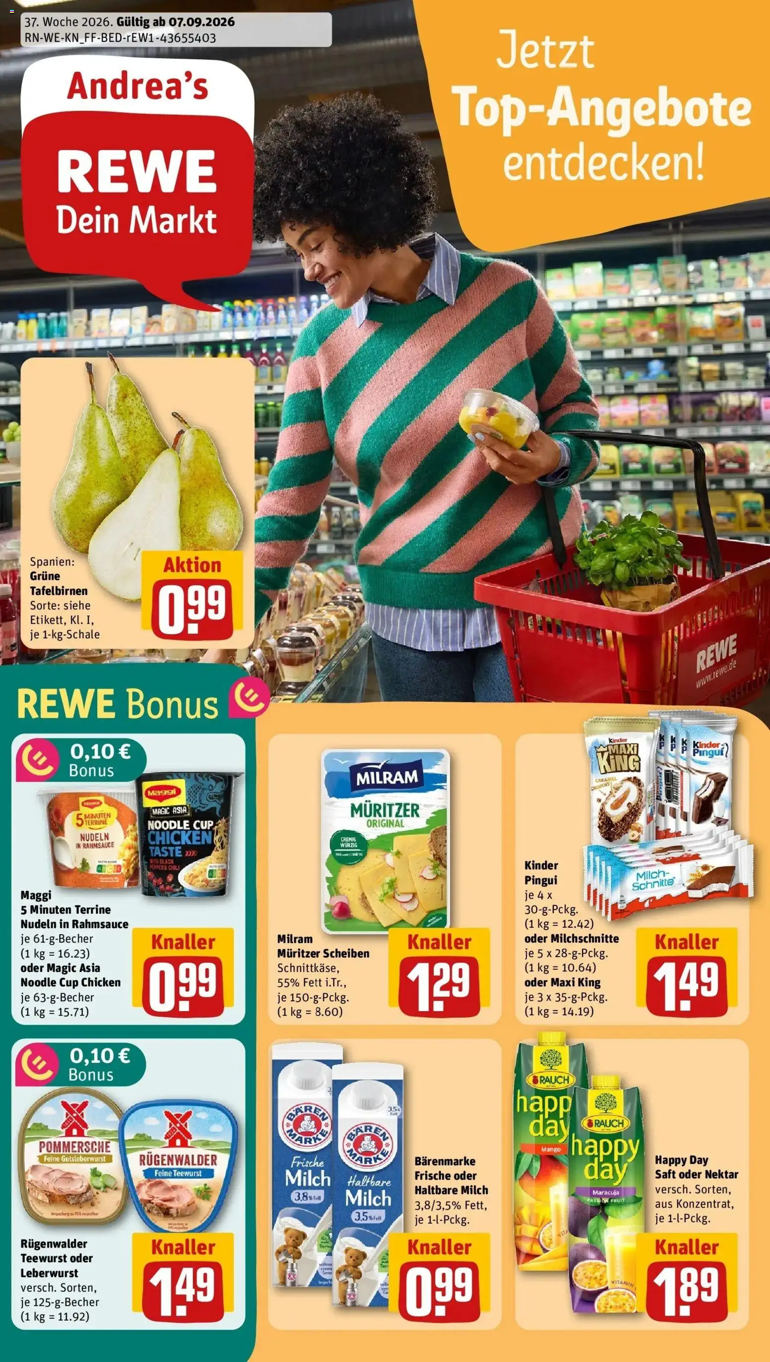 REWE Prospekt ab 07.09.2026 zum Blättern » Angebote | Seite: 1 | Produkte: Milch, Haltbare milch, Mango, Nudeln