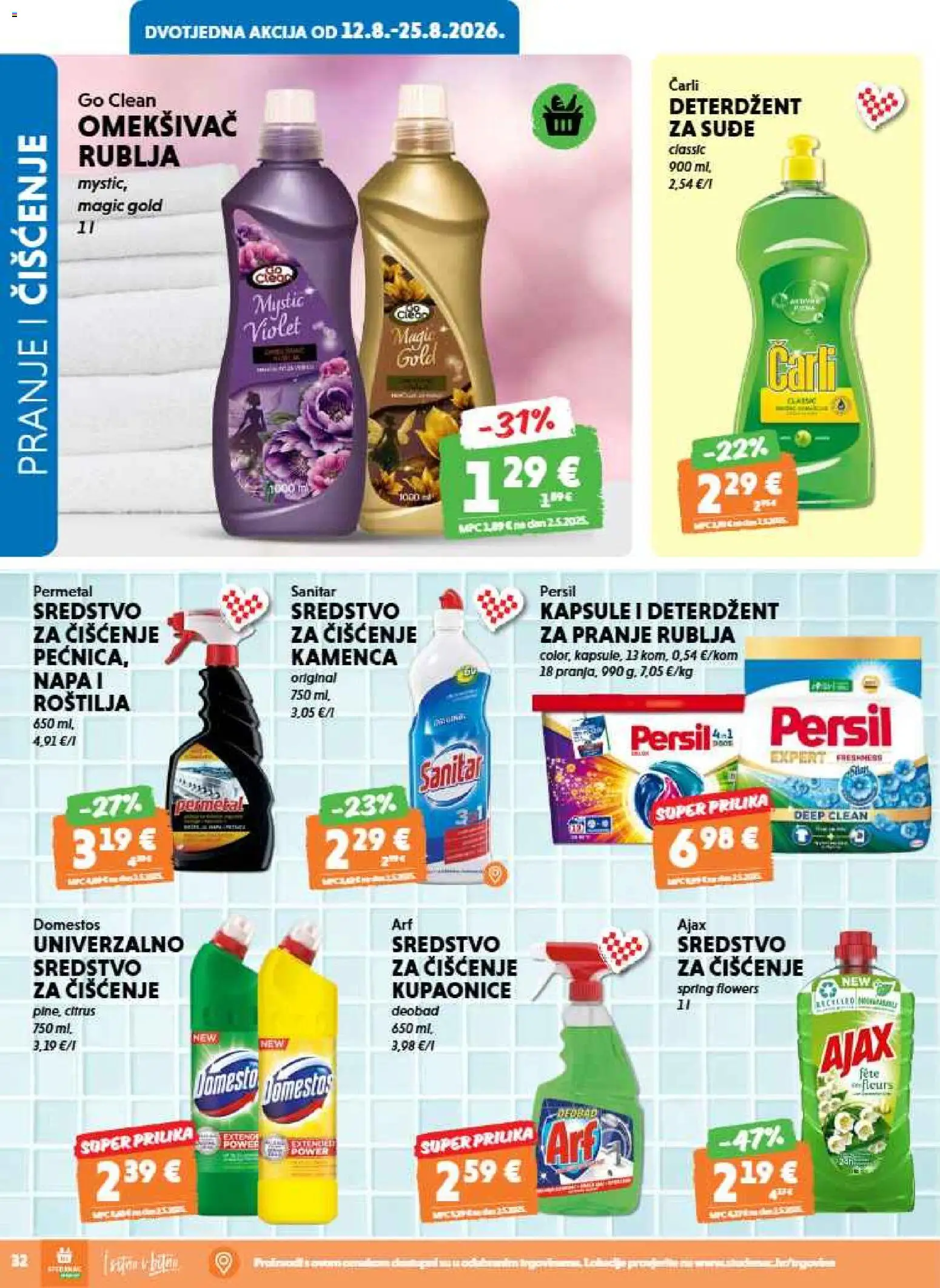 Studenac katalog | vrijedi od 12.08.2026 | Stranica: 32 | Proizvodi: Omekšivač, Domestos, Ajax, Carli