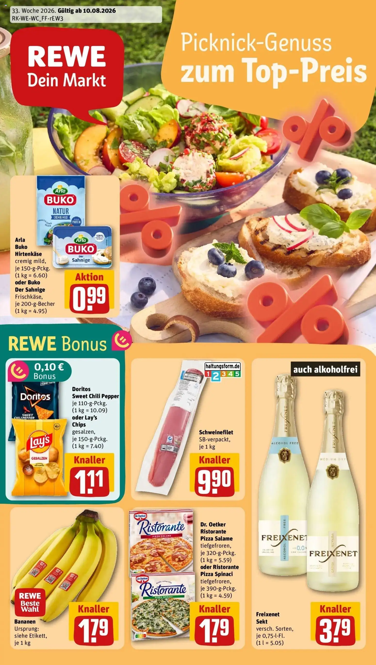 REWE Prospekt ab 10.08.2026 zum Blättern » Angebote | Seite: 1 | Produkte: Freixenet, Sekt, Bananen, Chips