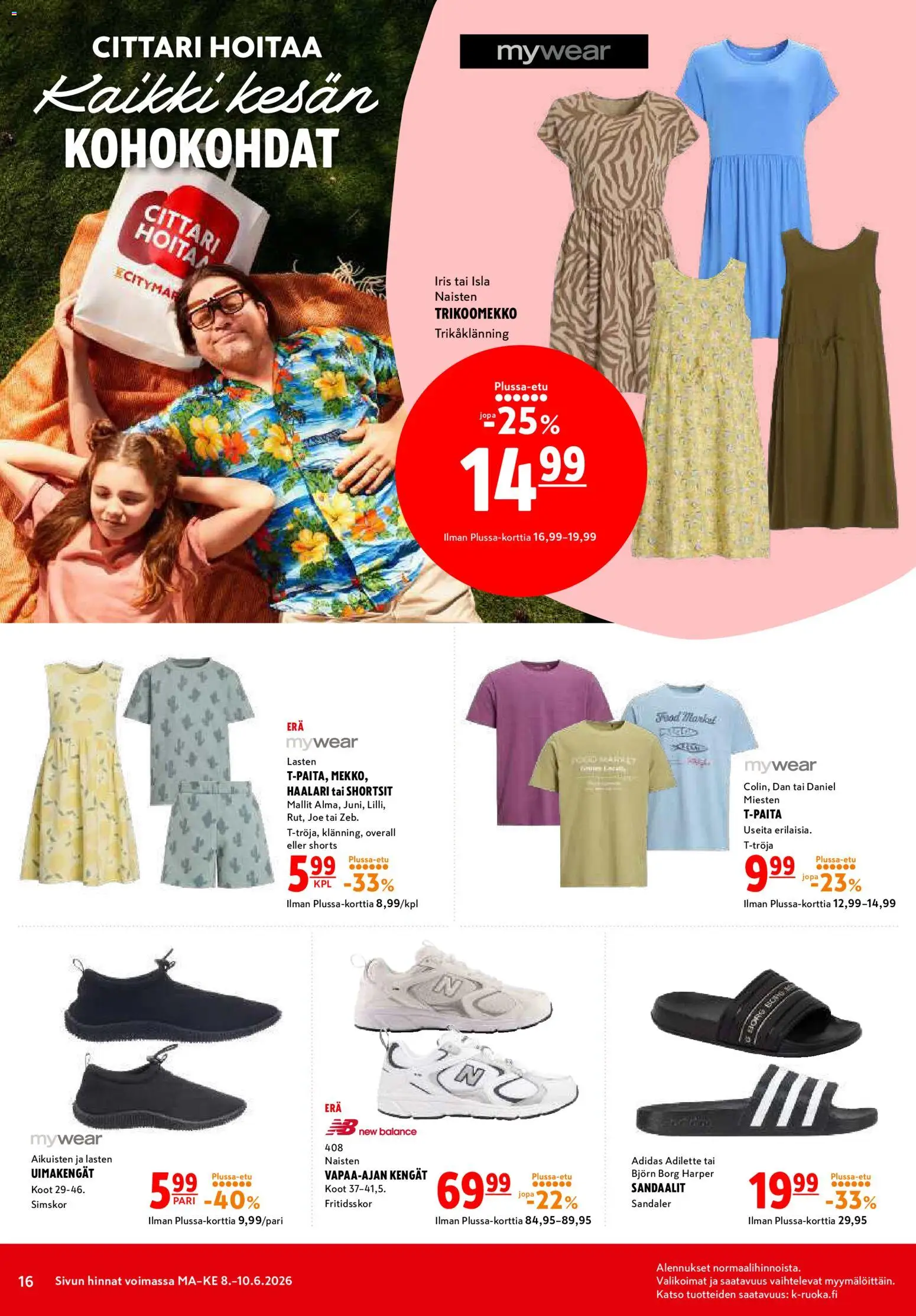 K-Citymarket tarjoukset – voimassa 08.06.2026 alkaen | Sivu: 16 | Tuotteet: Uimakengät, Haalari, Shortsit, Sandaalit