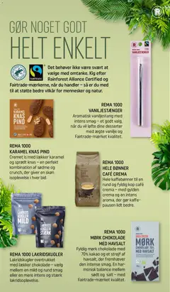 REMA 1000 MØRK CHOKOLADE MED HAVSALT, Fyldig mørk chokolade med 70% kakao og et strejf af havsalt, der fremhæver den intense smag. En harmonisk balance mellem sødt og salt - med Fairtrade-mærket kvalitet. gyldig fra 18.04.2026 | Side: 19 | Produkter: Vaniljestænger, Kaffe, Bønner, Is