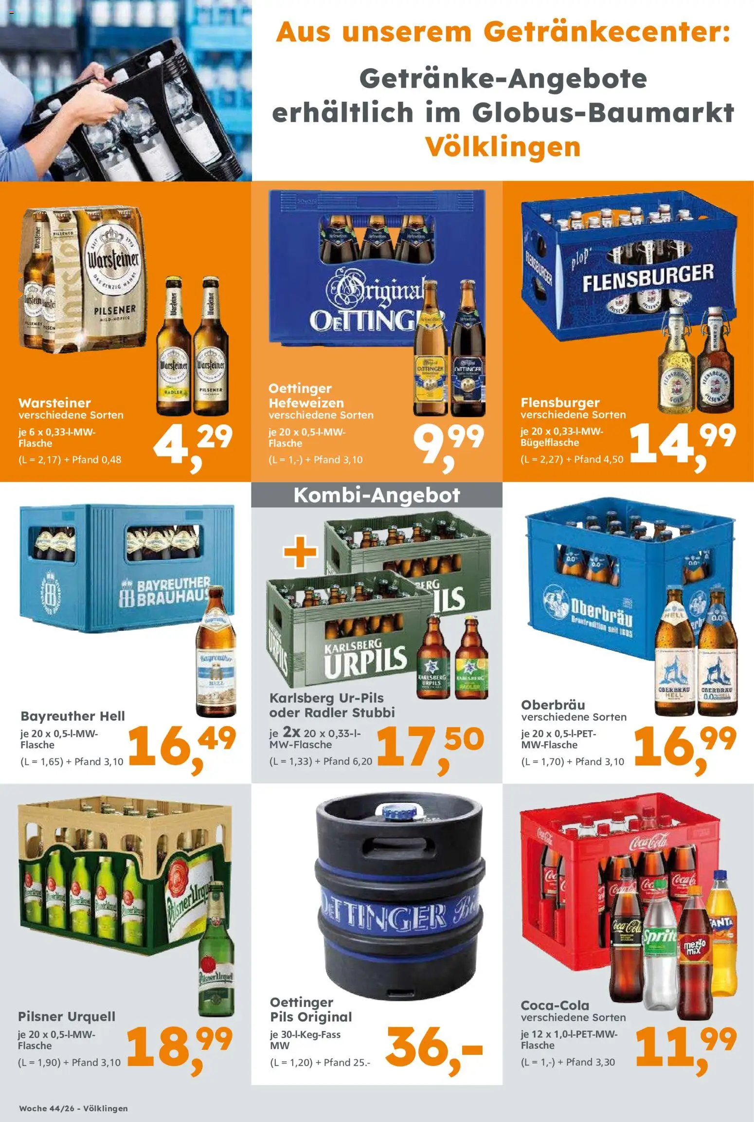 Globus Baumarkt Prospekt Saarbrücken – gültig ab 25.10.2026 | Seite: 8 | Produkte: Bayreuther hell, Fanta, Oettinger, Radler