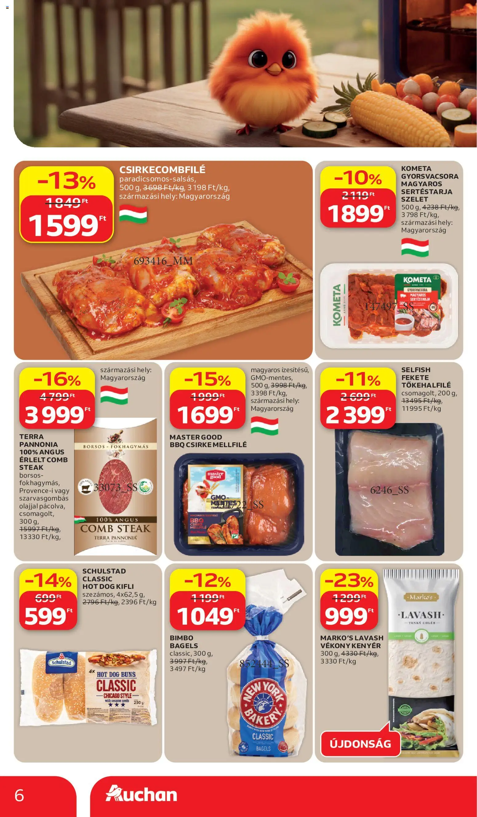 Auchan akciós ujság - amely érvényes a következő dátumtól: 11.06.2026 | Oldal: 6 | Termékek: Hot dog, Kifli, Csirkecombfile, Kenyér