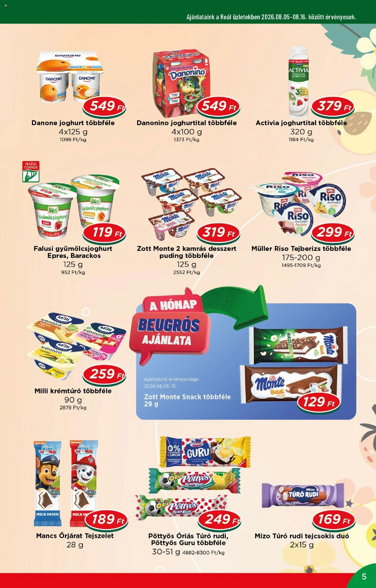 Reál akciós ujság - amely érvényes a következő dátumtól: 2026.08.05. | Oldal: 5 | Termékek: Puding, Túró rudi, Tejszelet, Túró
