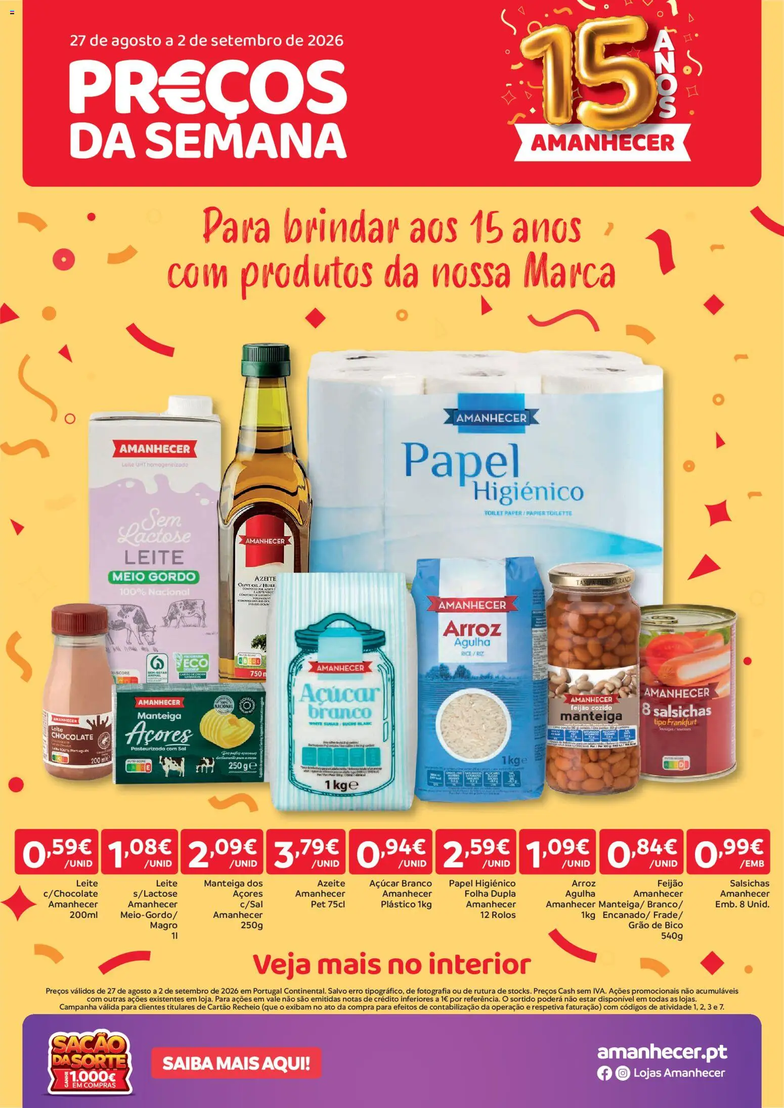 Amanhecer folheto │ válido de 27/08/2026 | Página: 1 | Produtos: Azeite, Chocolate, Salsichas, Feijão