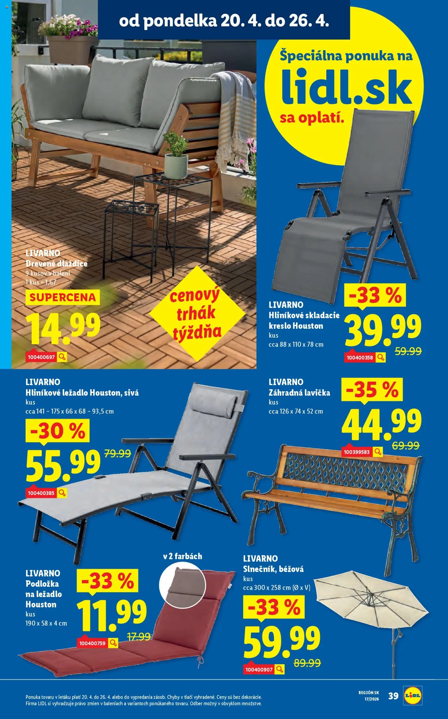 Nové Lidl akcie – leták je platný od 20.04.2026 | Strana: 52 | Produkty: Lavička, Záhradná lavička, Kreslo