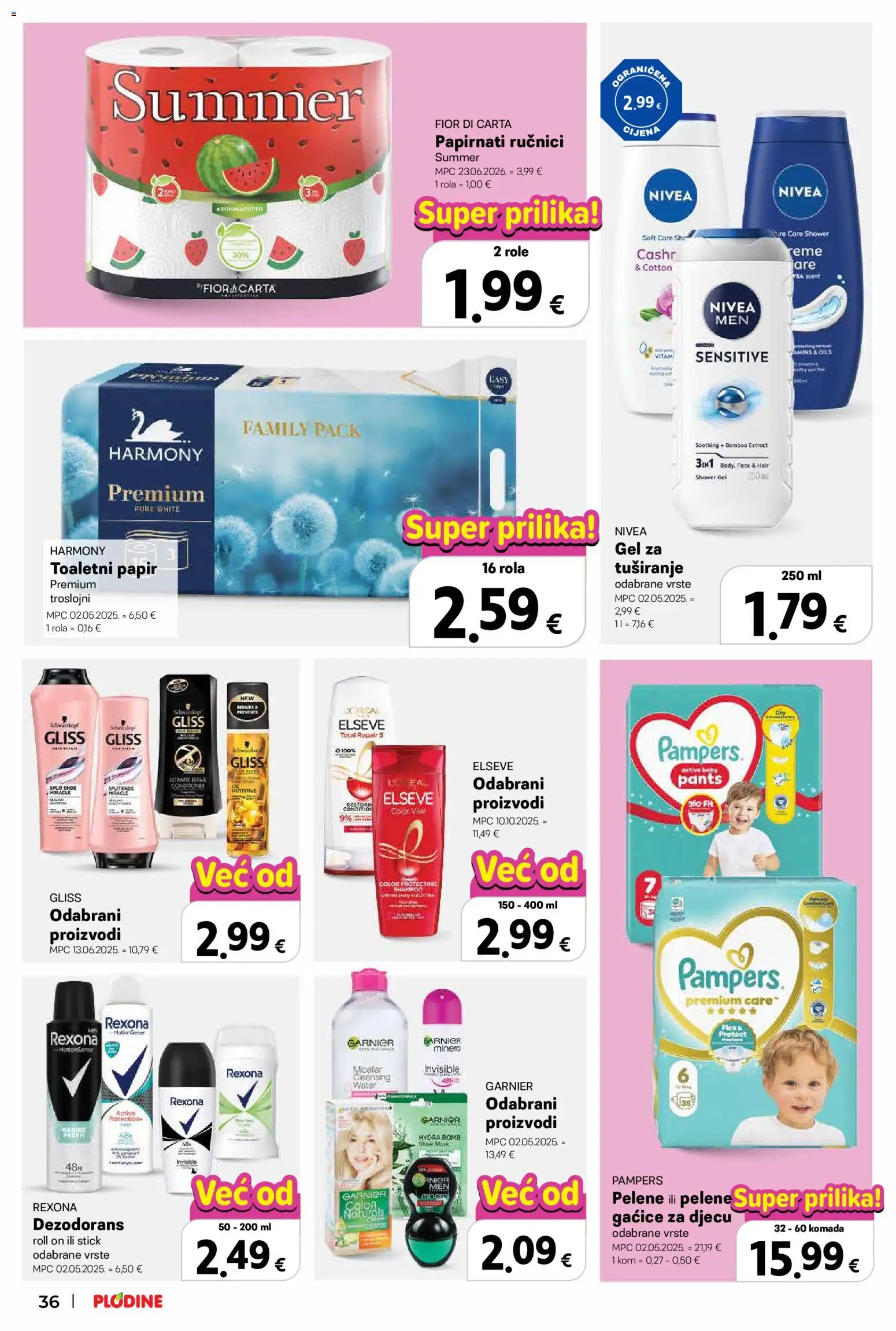 Plodine katalog | vrijedi od 08.07.2026 | Stranica: 36 | Proizvodi: Roll on, Gel za tuširanje, Dezodorans, Gaćice