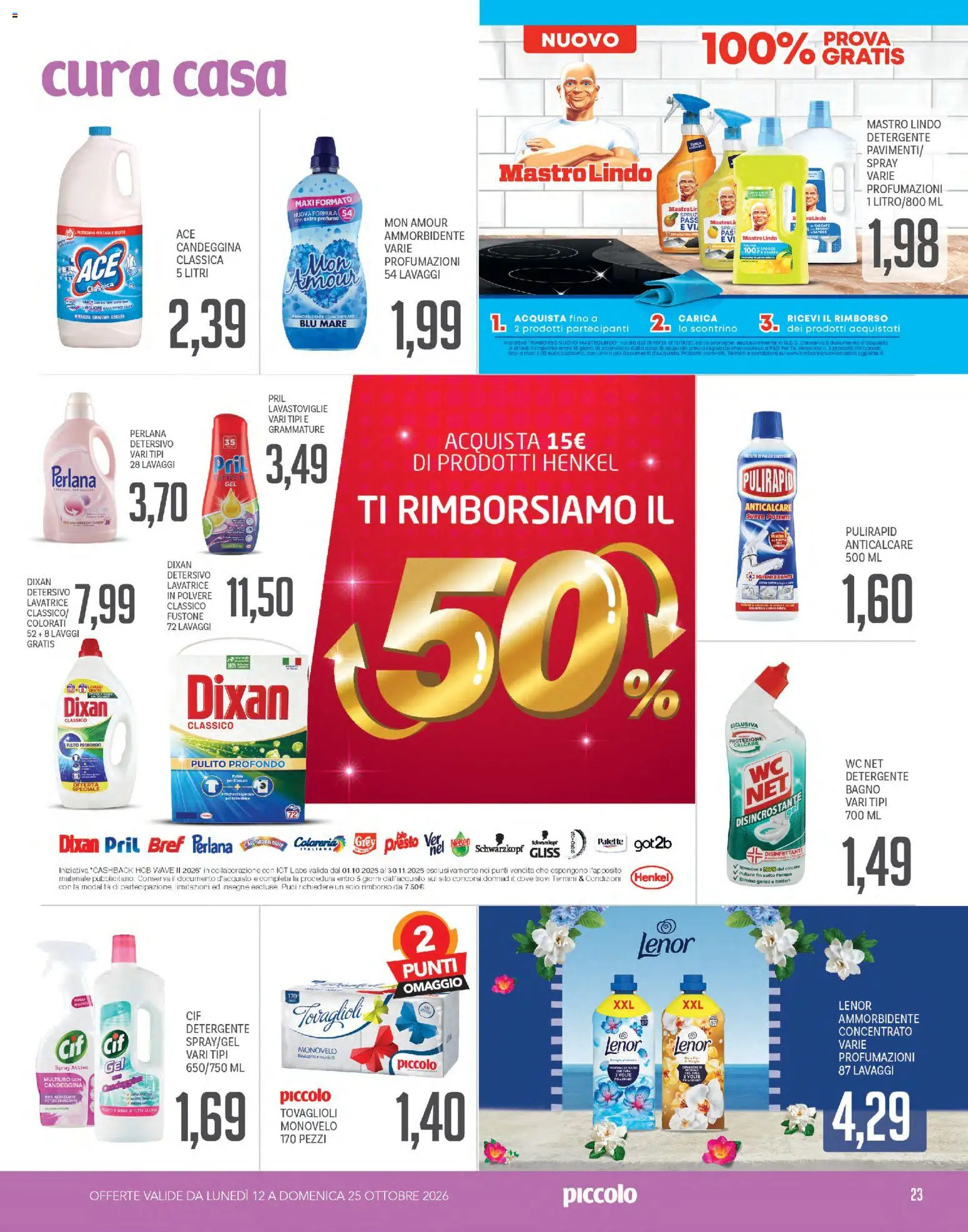 Volantino Piccolo del 12/10/2026 | Pagina: 23 | Prodotti: Detergente, Candeggina, Data, WC