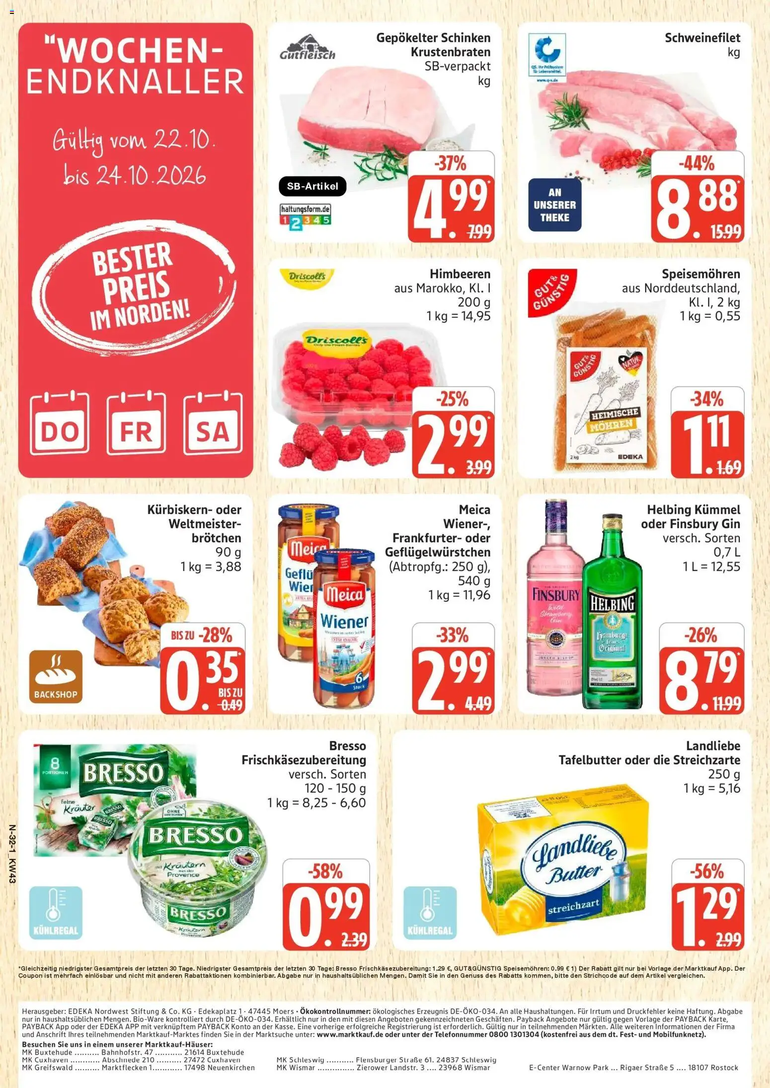 Edeka Prospekt Schleswig (ab 19.10.2026) » Angebote Online | Seite: 32 | Produkte: Himbeeren, Butter, Krustenbraten, Flensburger